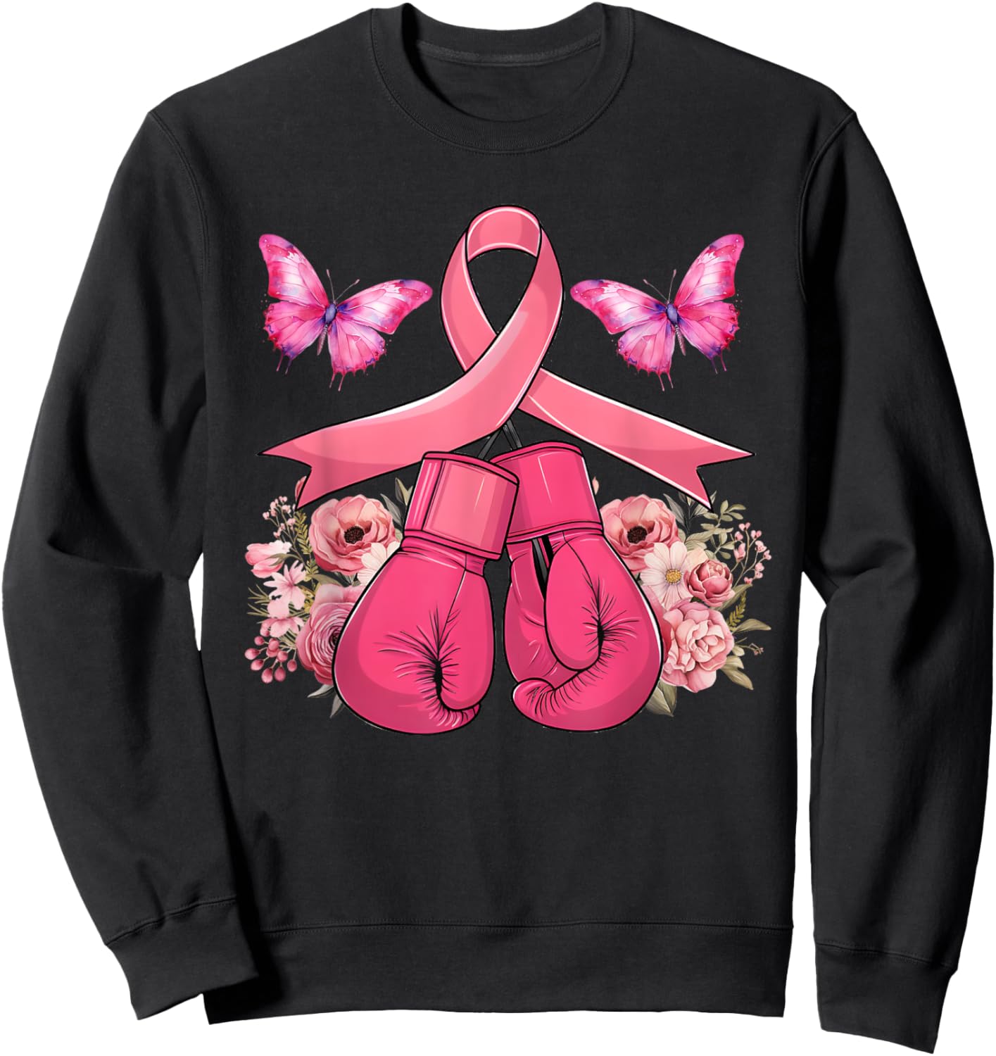 Breast Cancer Awareness Boxing Gloves Butterfly Pink Ribbon Sweatshirt - Sweatshirt | Black