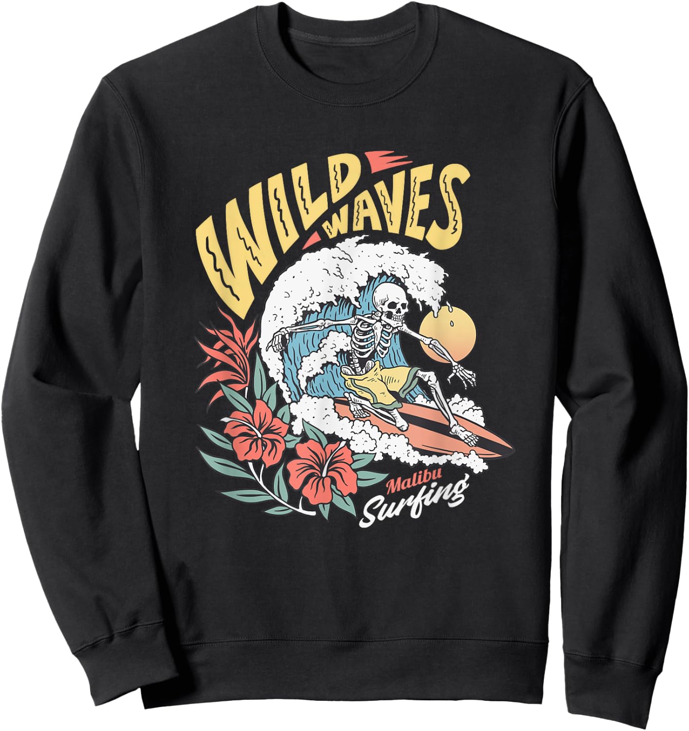 Funny Wild Waves Surfing Skeleton Malibu California Beach Sweatshirt - Sweatshirt | Black