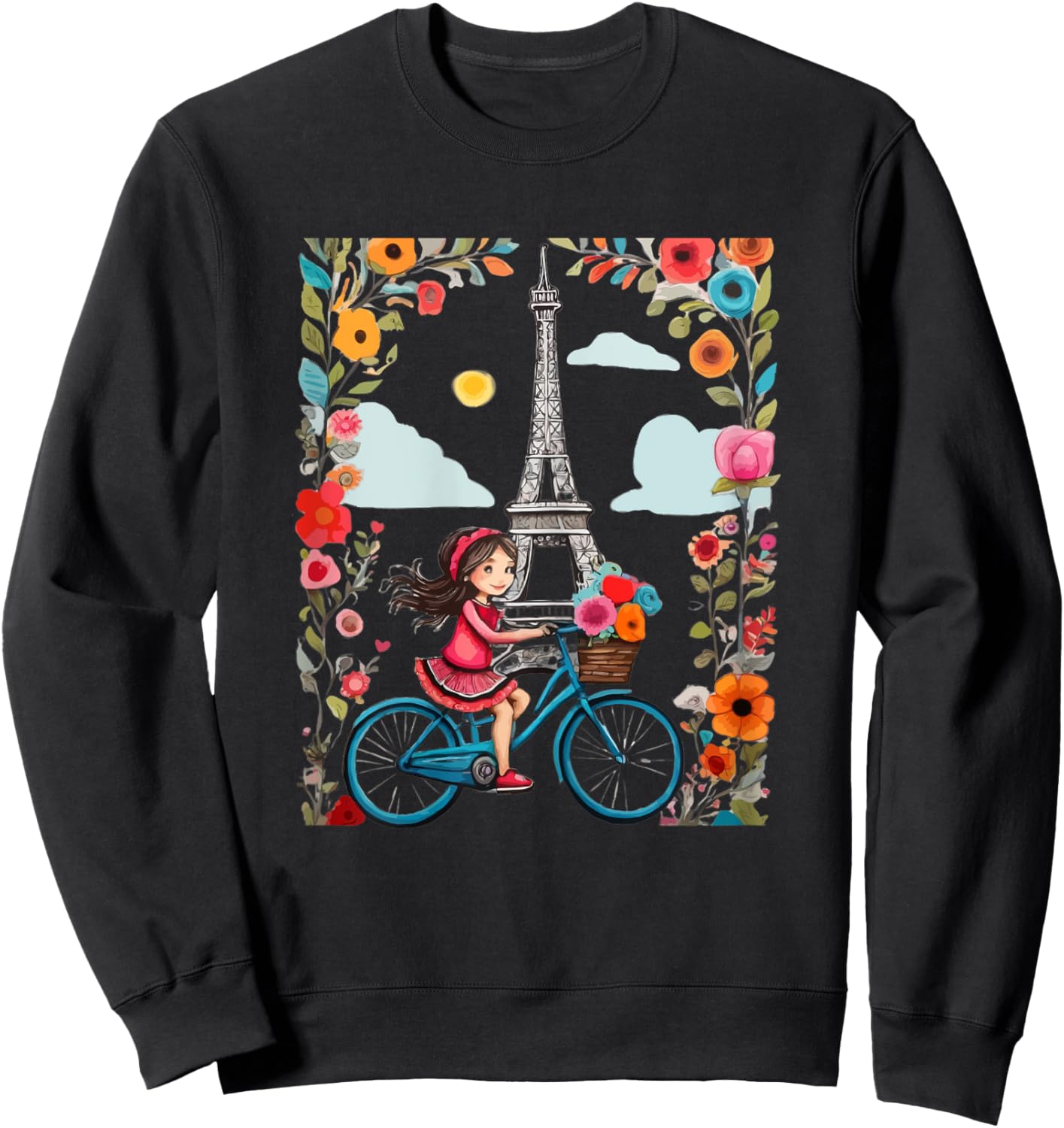 Girl on bicycle in Paris Eiffel Tower, Love Paris, French Sweatshirt - Sweatshirt | Black