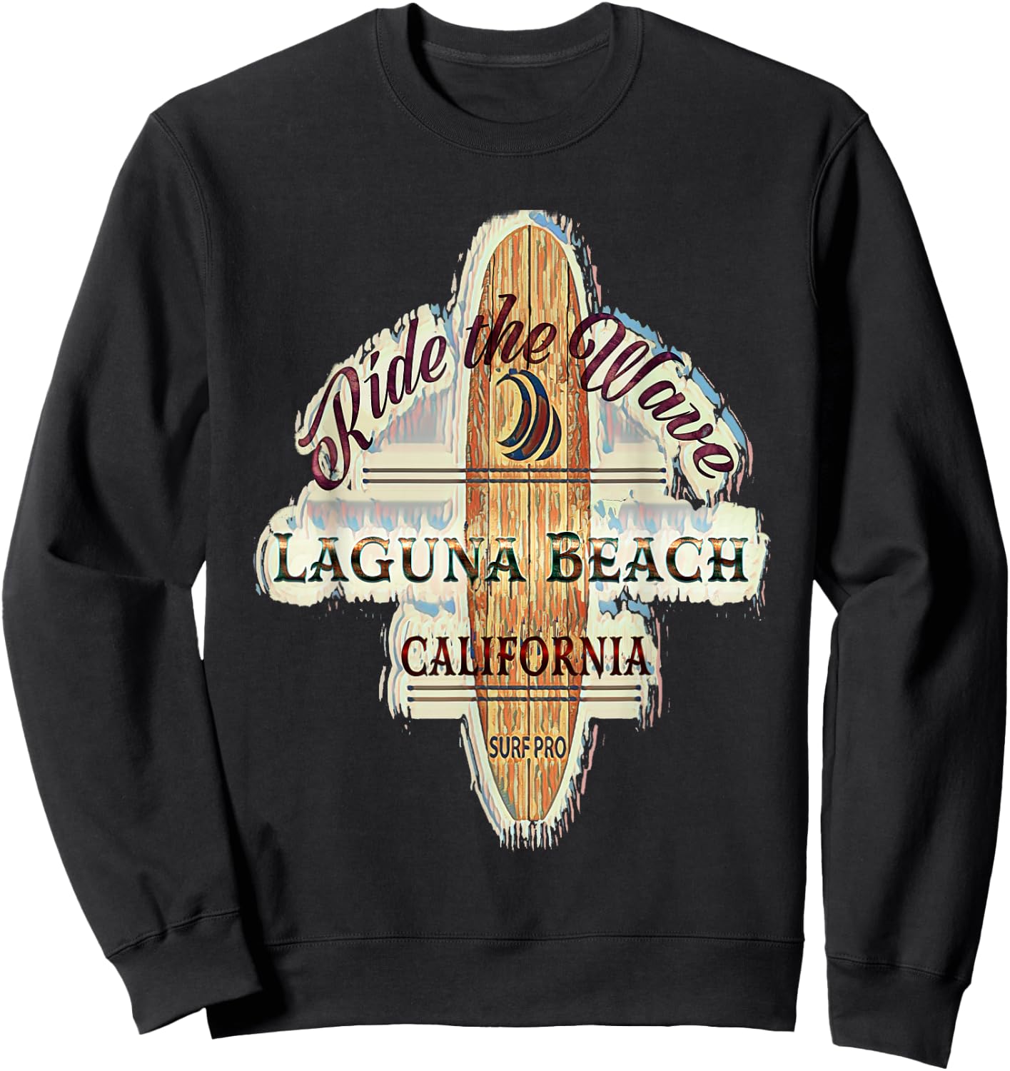 Laguna Beach Distressed Vintage Retro Surfboard Sign Sweatshirt - Sweatshirt | Black