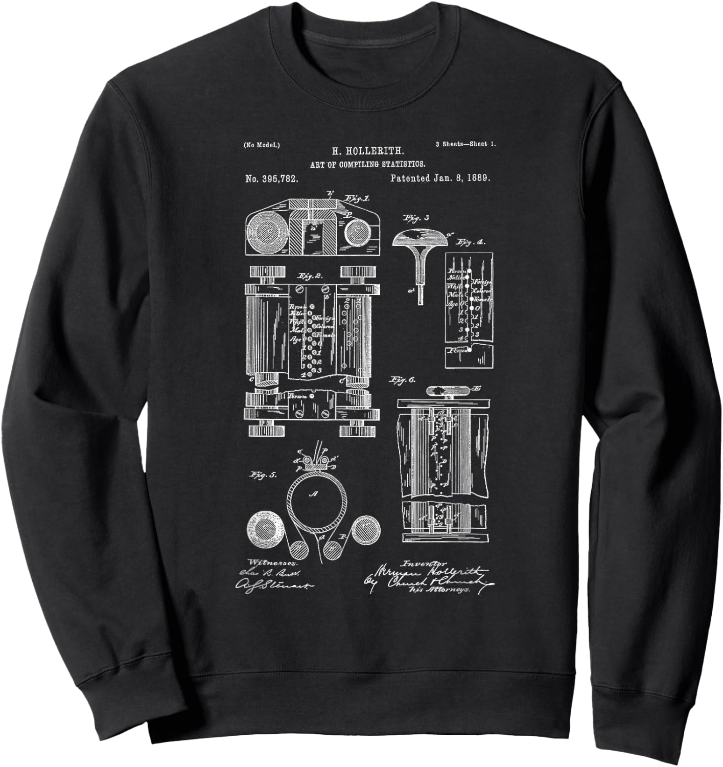 Vintage Patent Print 1889 First Computer Statistics Machine Sweatshirt - Sweatshirt | Black