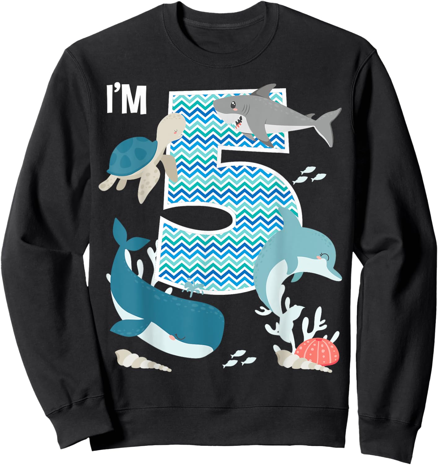 Kids 5 Year Old Ocean Life Whale Dolphin Shark 5th Birthday Sweatshirt - Sweatshirt | Black
