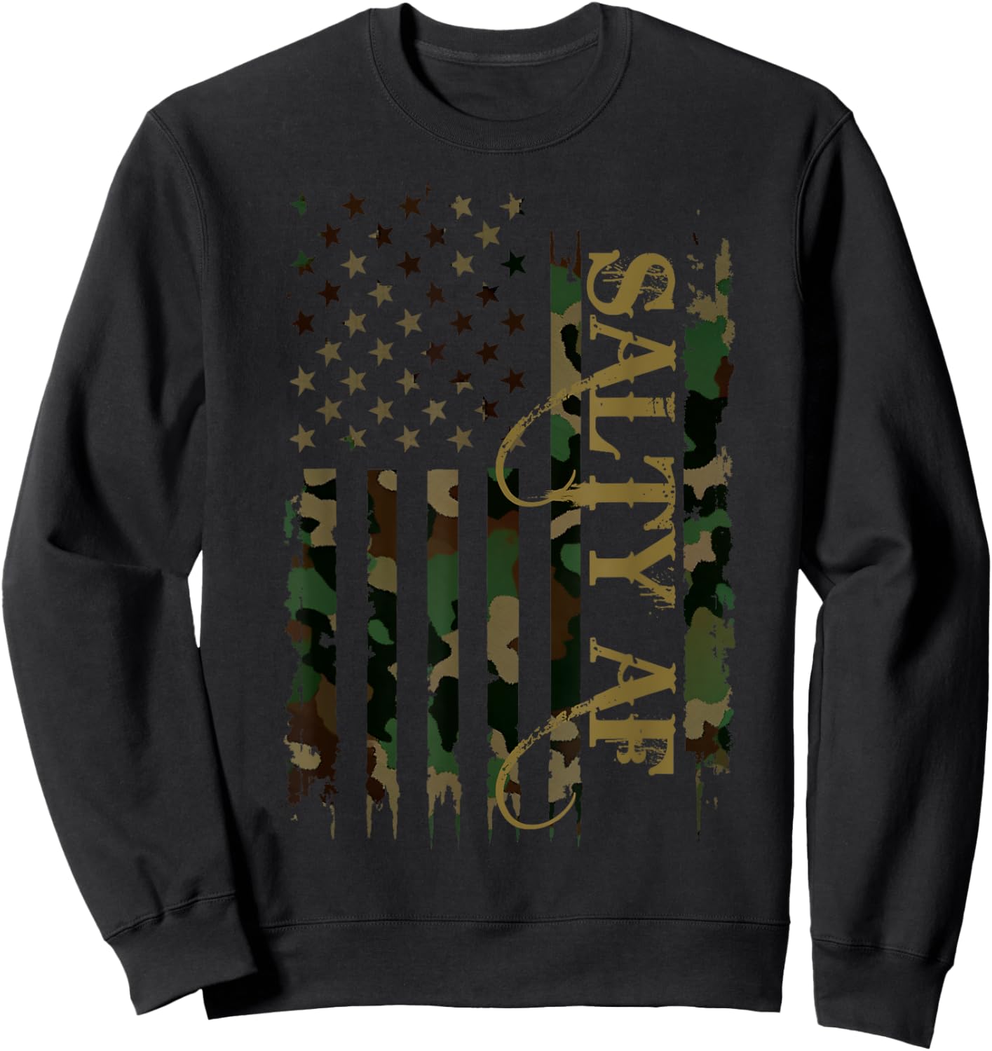 Salty AF United States Distressed Camo w US Flag Sweatshirt - Sweatshirt | Black