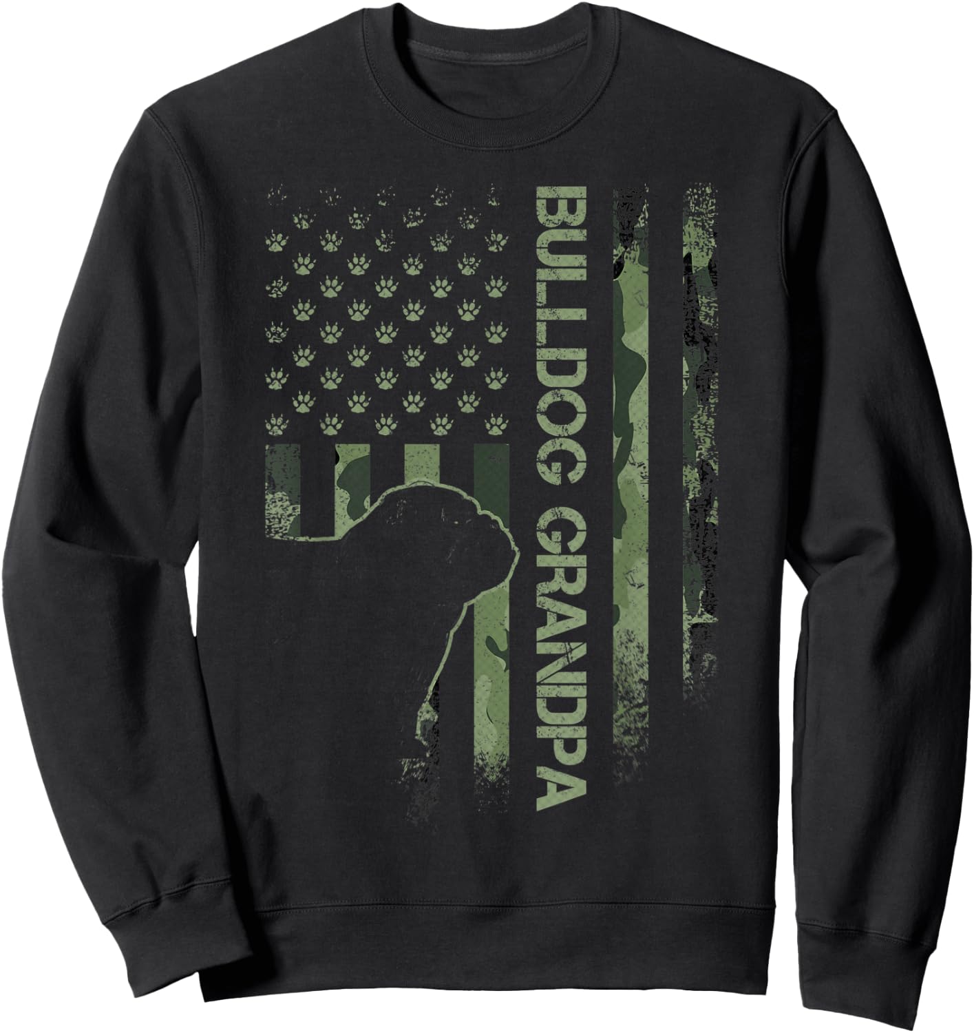 American Camo Flag Proud English Bulldog Grandpa Silhouette Men Women Sweatshirt - Sweatshirt | Black