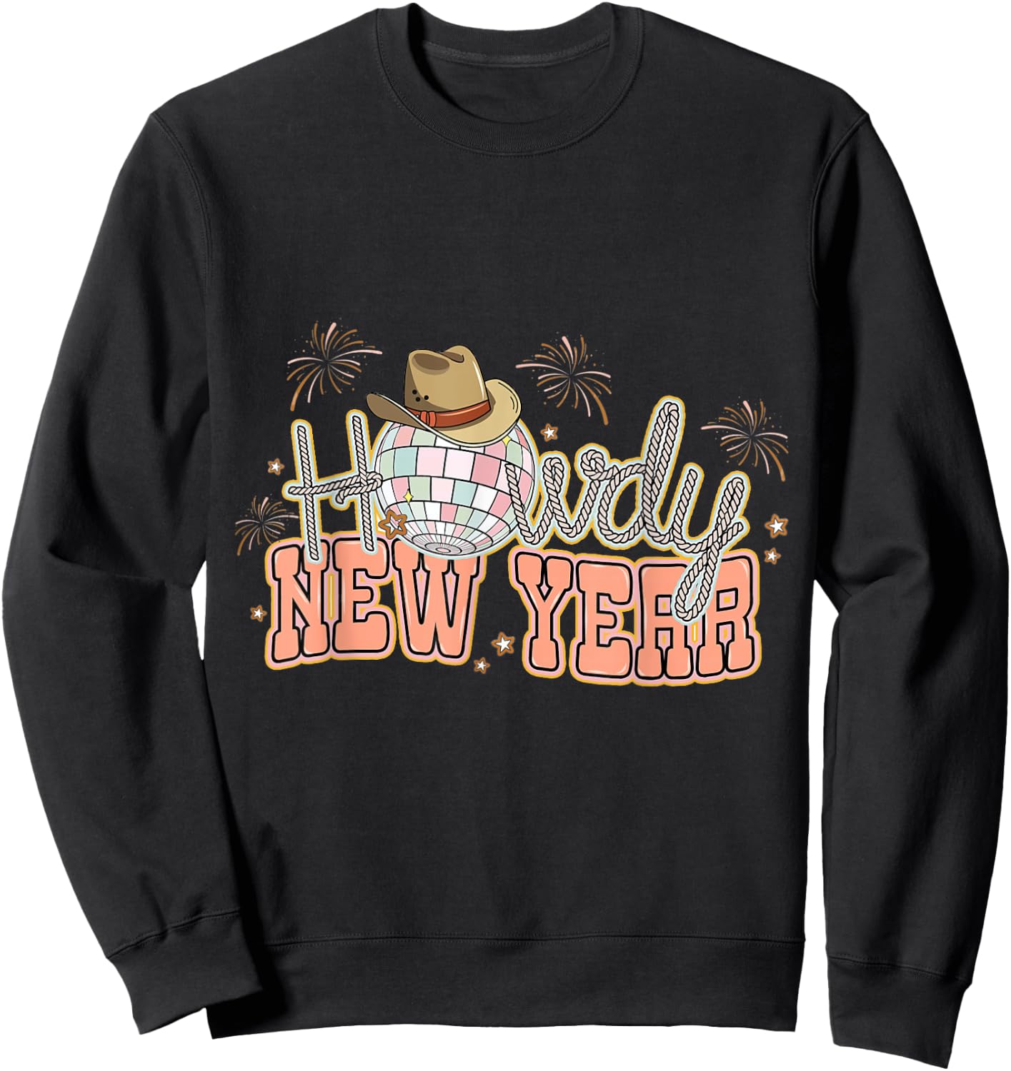 Howdy New Year 2024 Western Cowgirl Hat And Disco Balls Sweatshirt - Sweatshirt | Black