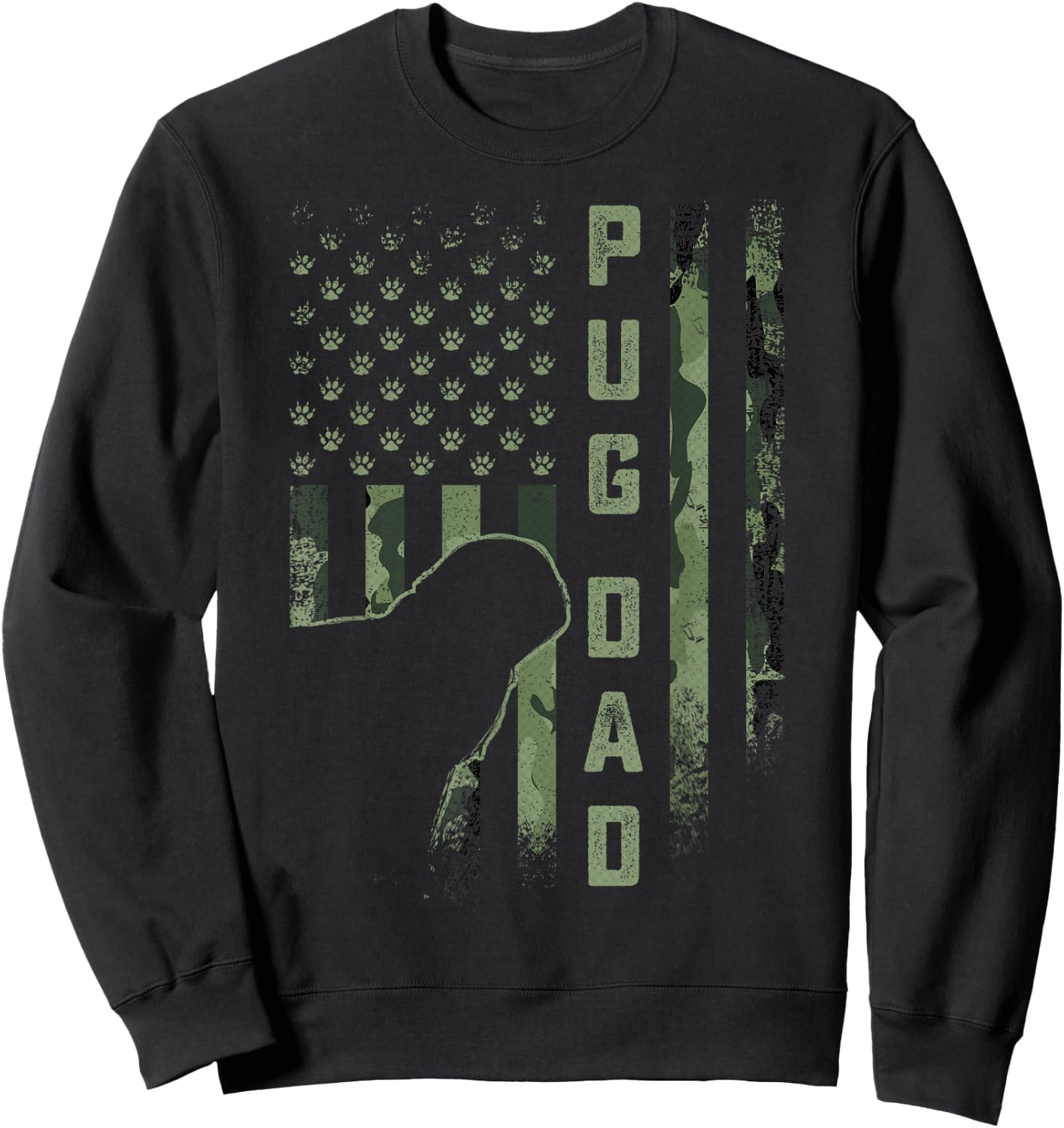 Vintage USA American Camo Flag Proud Pug Dog Dad Silhouette Men Women Sweatshirt - Sweatshirt | Black