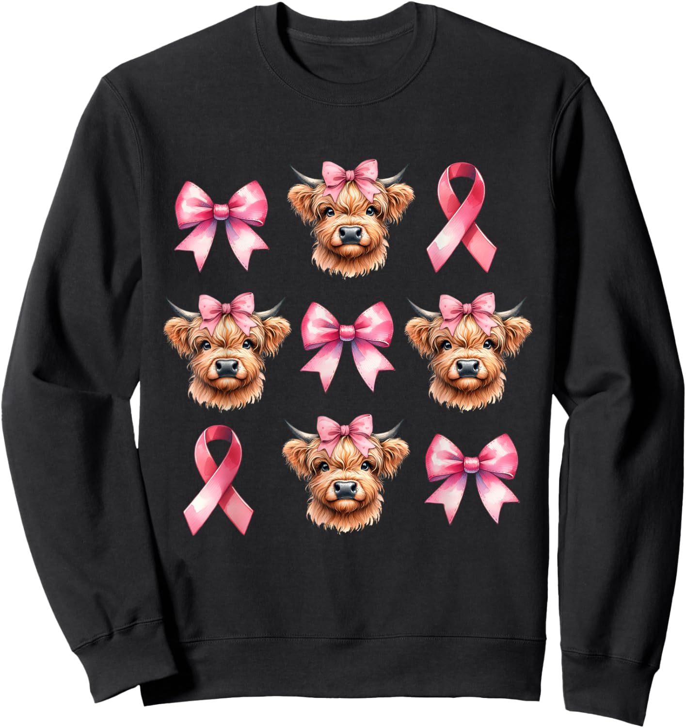Coquette Bow Pink Ribbon Highland Cow Pink Breast Cancer Sweatshirt - Sweatshirt | Black