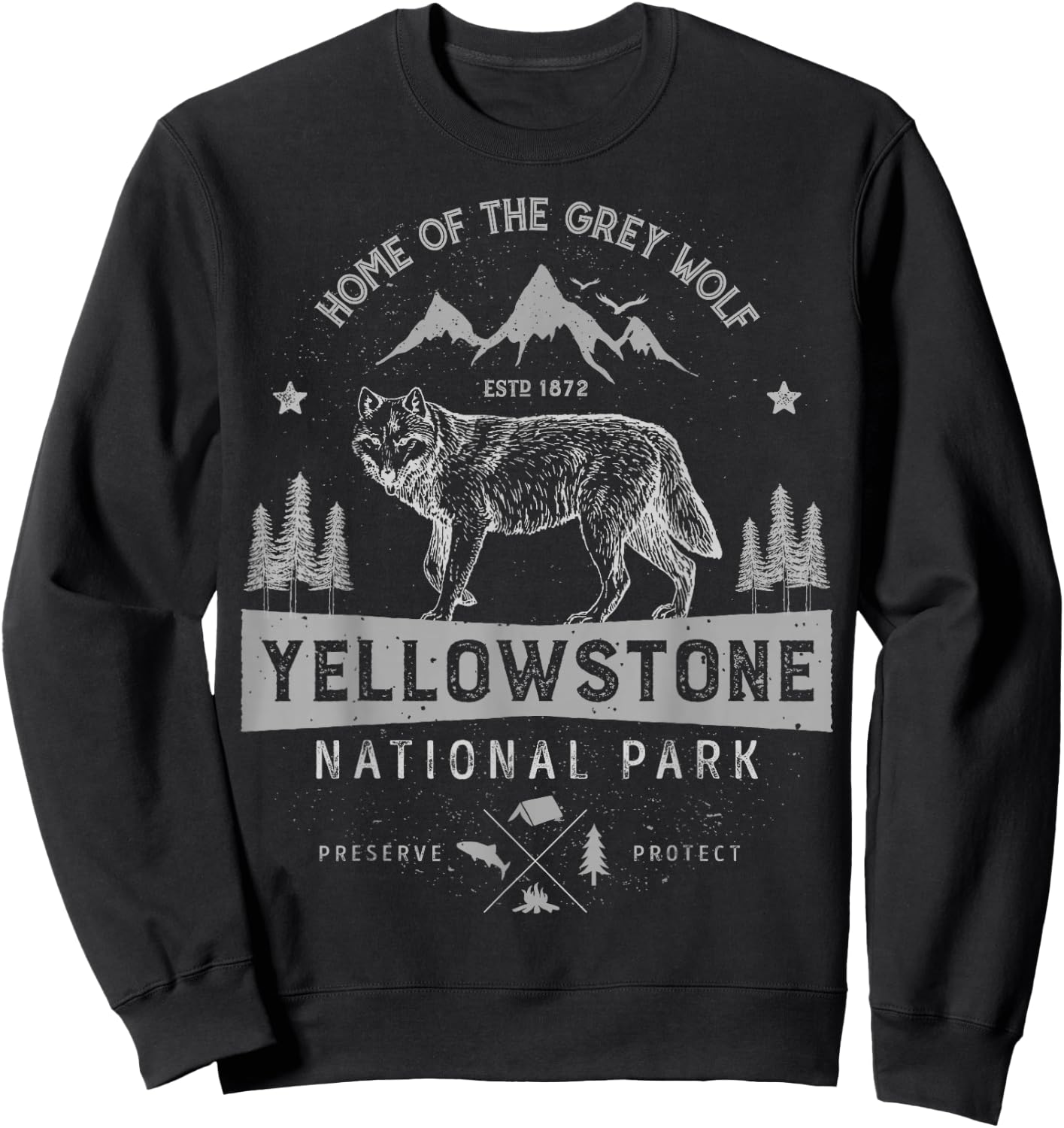 Yellowstone US National Park Wolf Lover Vintage Men Women Sweatshirt - Sweatshirt | Black
