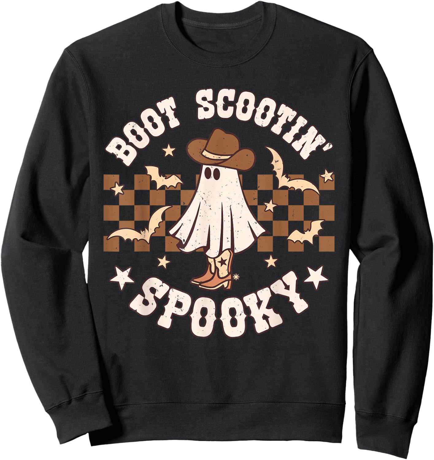 Boot Scootin Spooky Retro Groovy Western Halloween Ghost Sweatshirt - Sweatshirt | Black