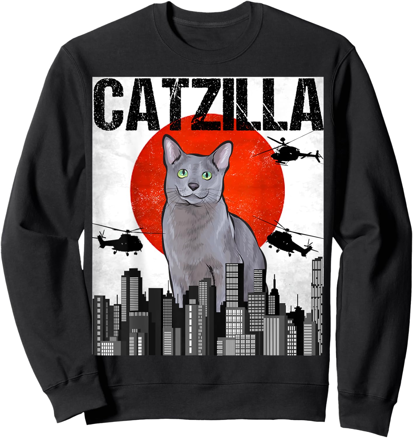 Funny Vintage Japanese Catzilla Russian Blue Cat Men Women Sweatshirt - Sweatshirt | Black