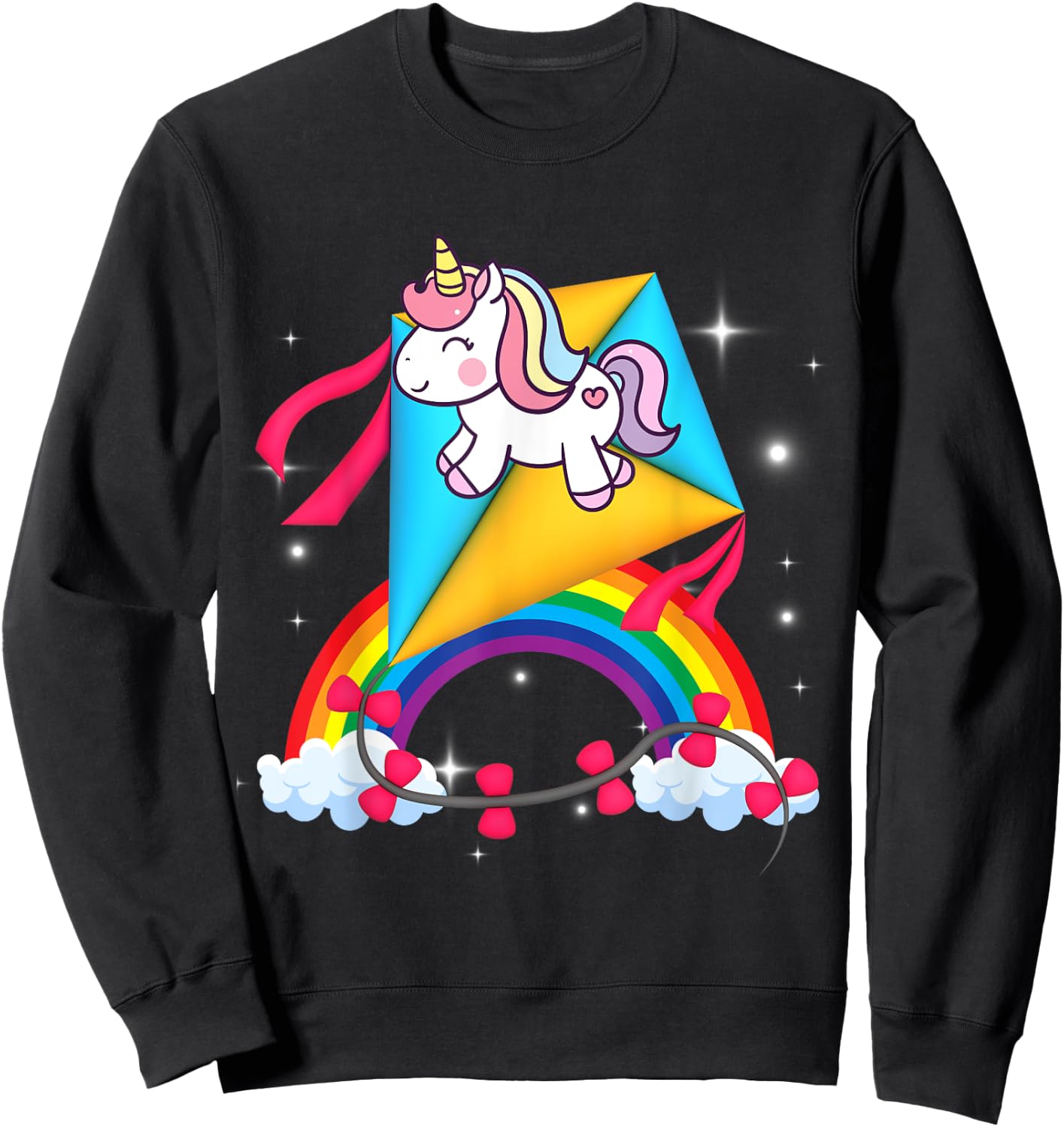 Unicorn Riding Kite Women Men Kids Teens Boys Girls Rainbow Sweatshirt - Sweatshirt | Black