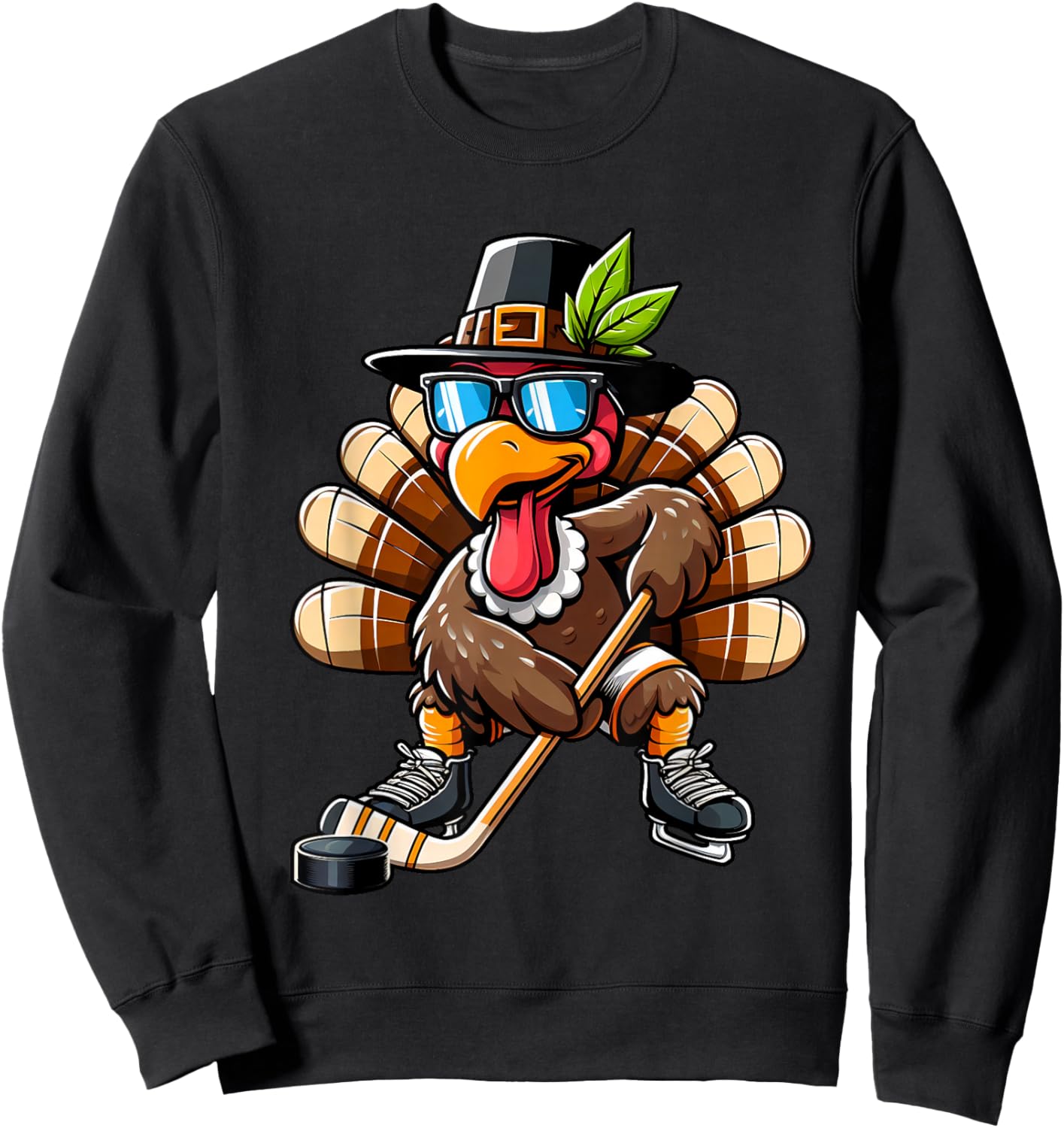 Turkey Hockey Thanksgiving Fall Turkey Playing Hockey Boys Sweatshirt - Sweatshirt | Black