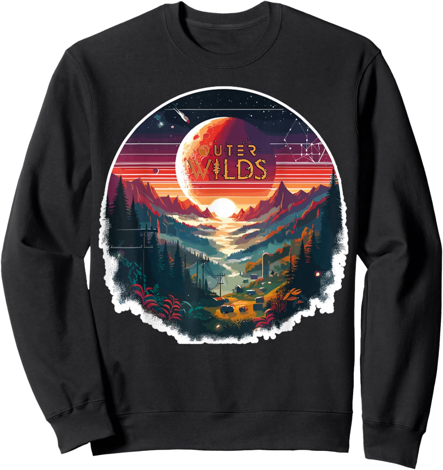 Outer Wilds Text Moon Mountain Forest Tree House Sun Sweatshirt - Sweatshirt | Black