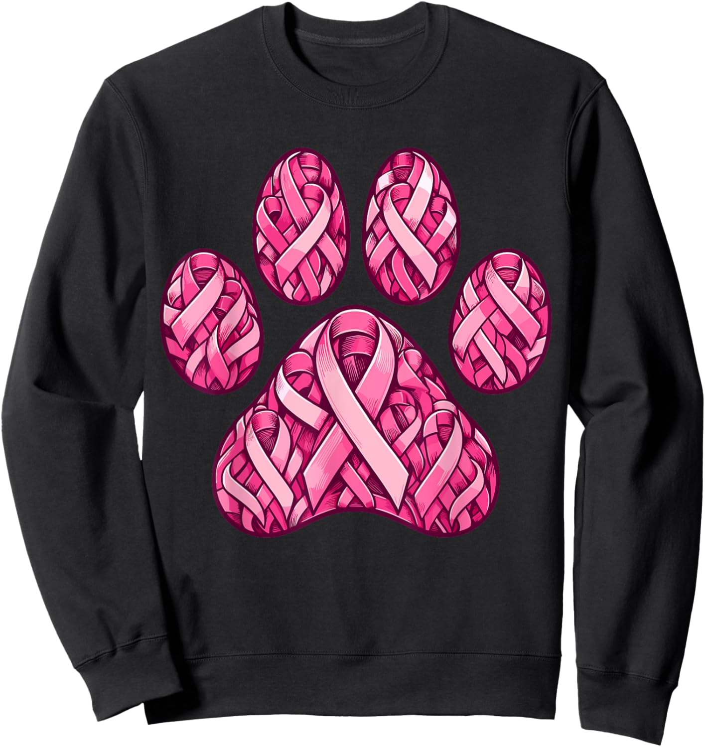 Pink Ribbon Dog Paw Print Breast Cancer Awareness Puppy Love Men Women Kids Sweatshirt - Sweatshirt | Black