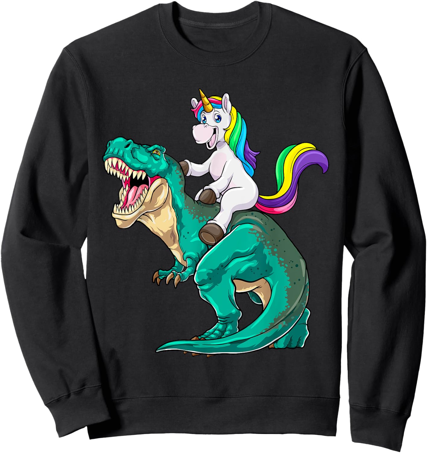 Unicorn Riding T rex Dinosaur Boys Girls Men Women Rainbow Sweatshirt - Sweatshirt | Black