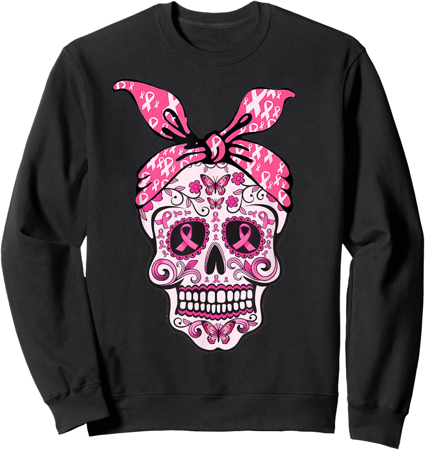 Sugar Skull Pink Ribbon Bandana Calavera Breast Cancer Sweatshirt - Sweatshirt | Black