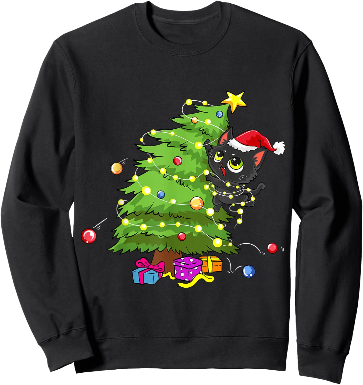 Santa Black Cat Tangled Up In Christmas Tree Lights Holiday Sweatshirt - Sweatshirt | Black