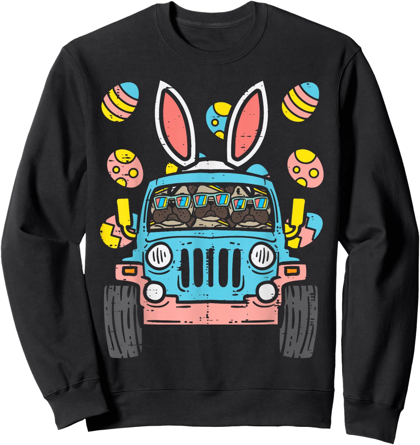 Pugs Monster Truck Bunny Ears Eggs Easter Egg Hunt Boys Kids Sweatshirt - Sweatshirt | Black