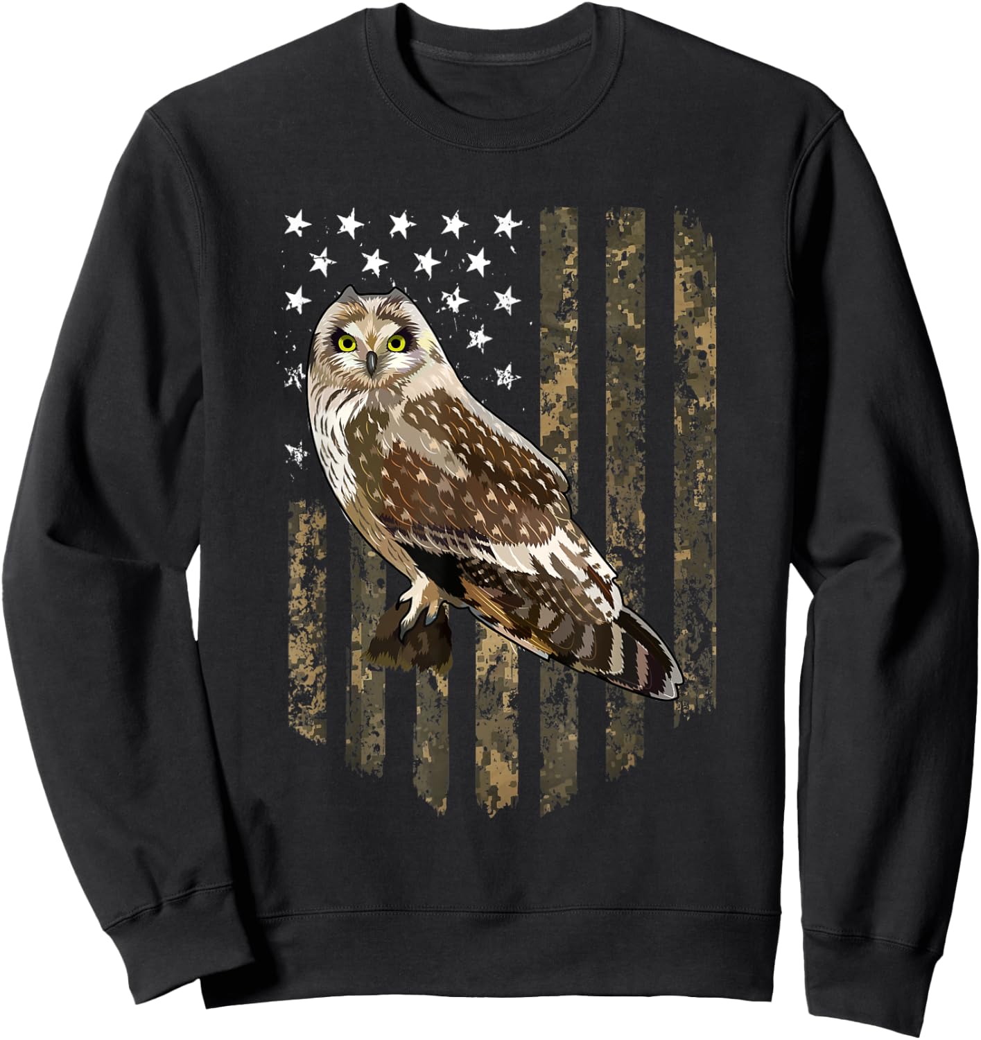 Camo American Flag Short-eared Owl Bird 4th Of July Women Men Sweatshirt - Sweatshirt | Black