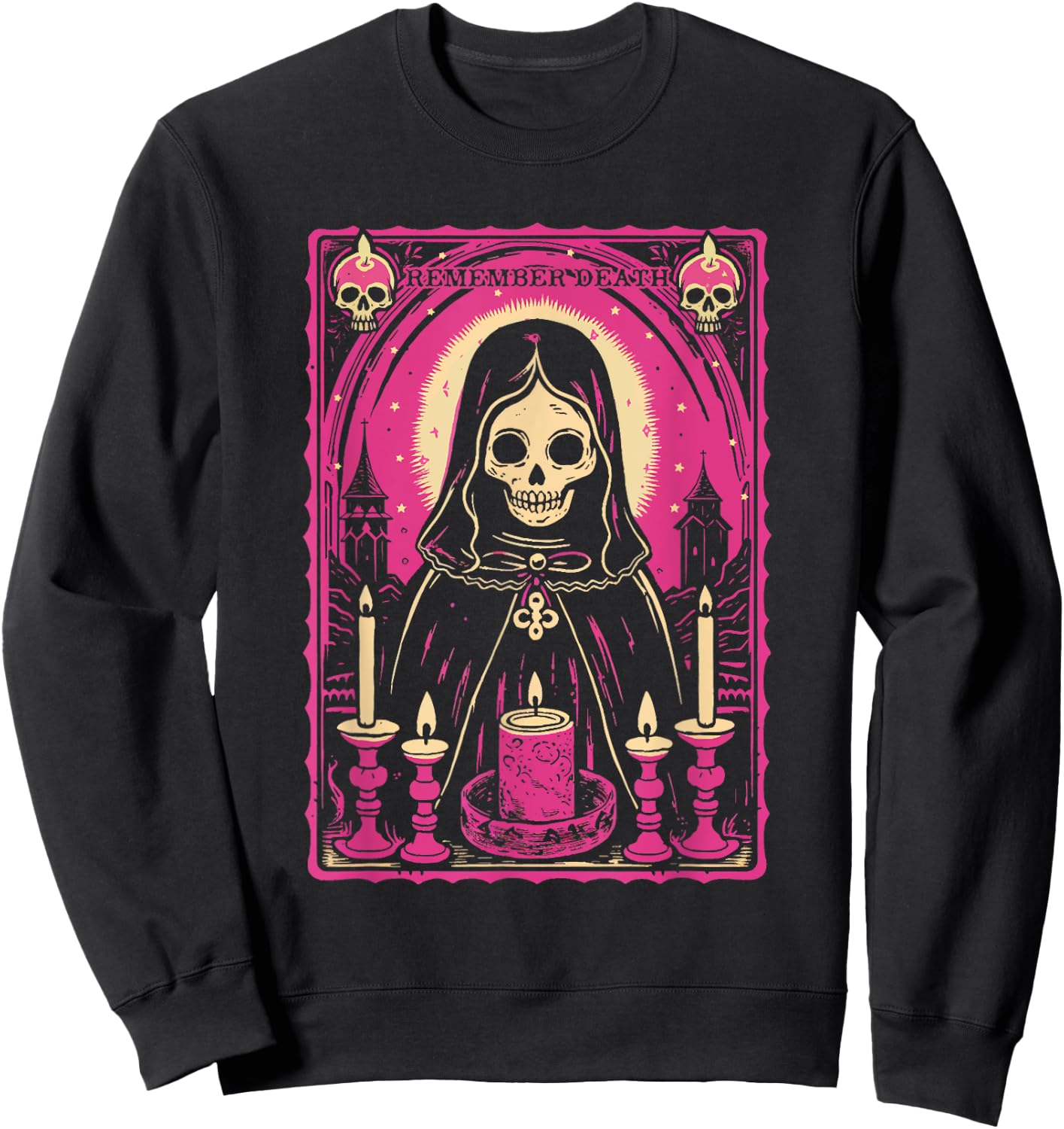 Remember Death Cute Pink Skeleton Skull Reaper w/ Candles Sweatshirt - Sweatshirt | Black