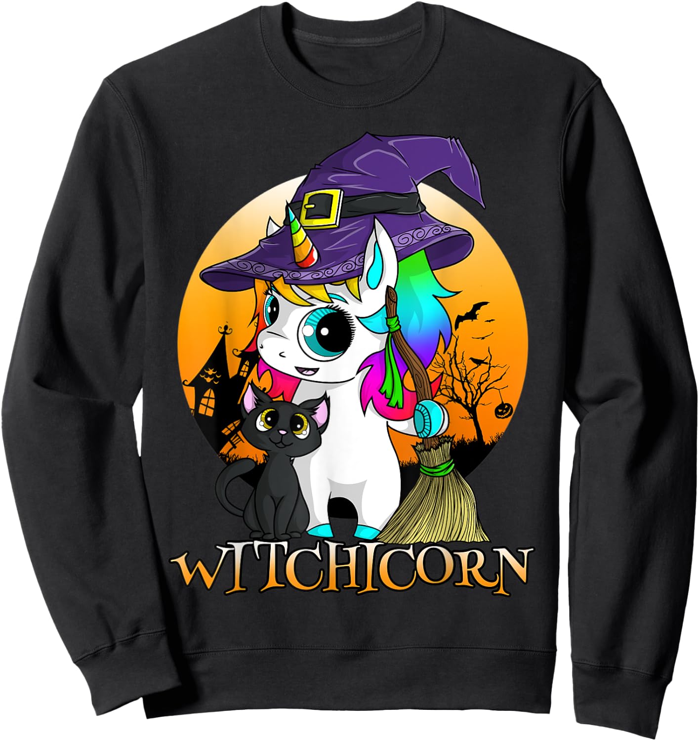 Witchicorn Unicorn Witch Halloween Black Cat Orange Moon Sweatshirt - Sweatshirt | Black