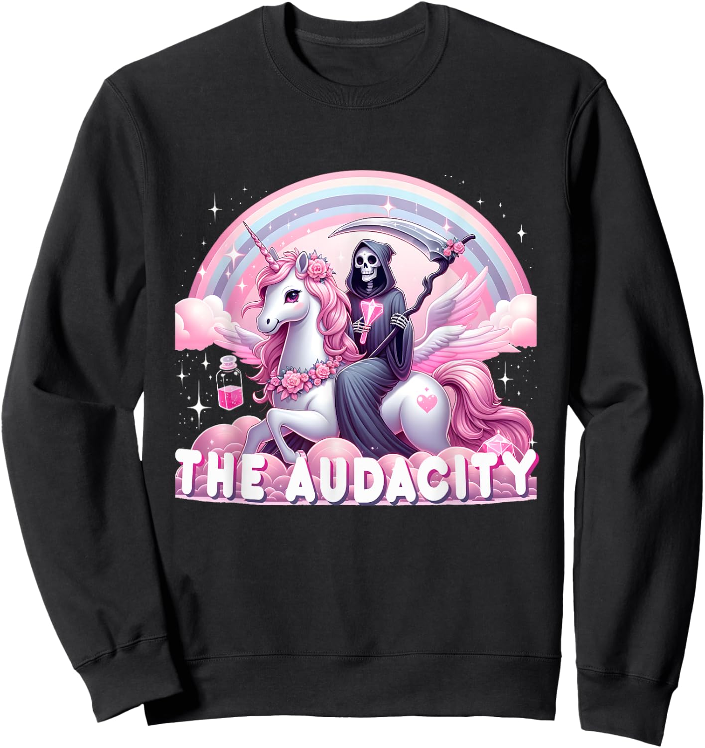 Cute Grim Reaper Sarcastic Skeleton Snarky Skeleton Unicorn Sweatshirt - Sweatshirt | Black