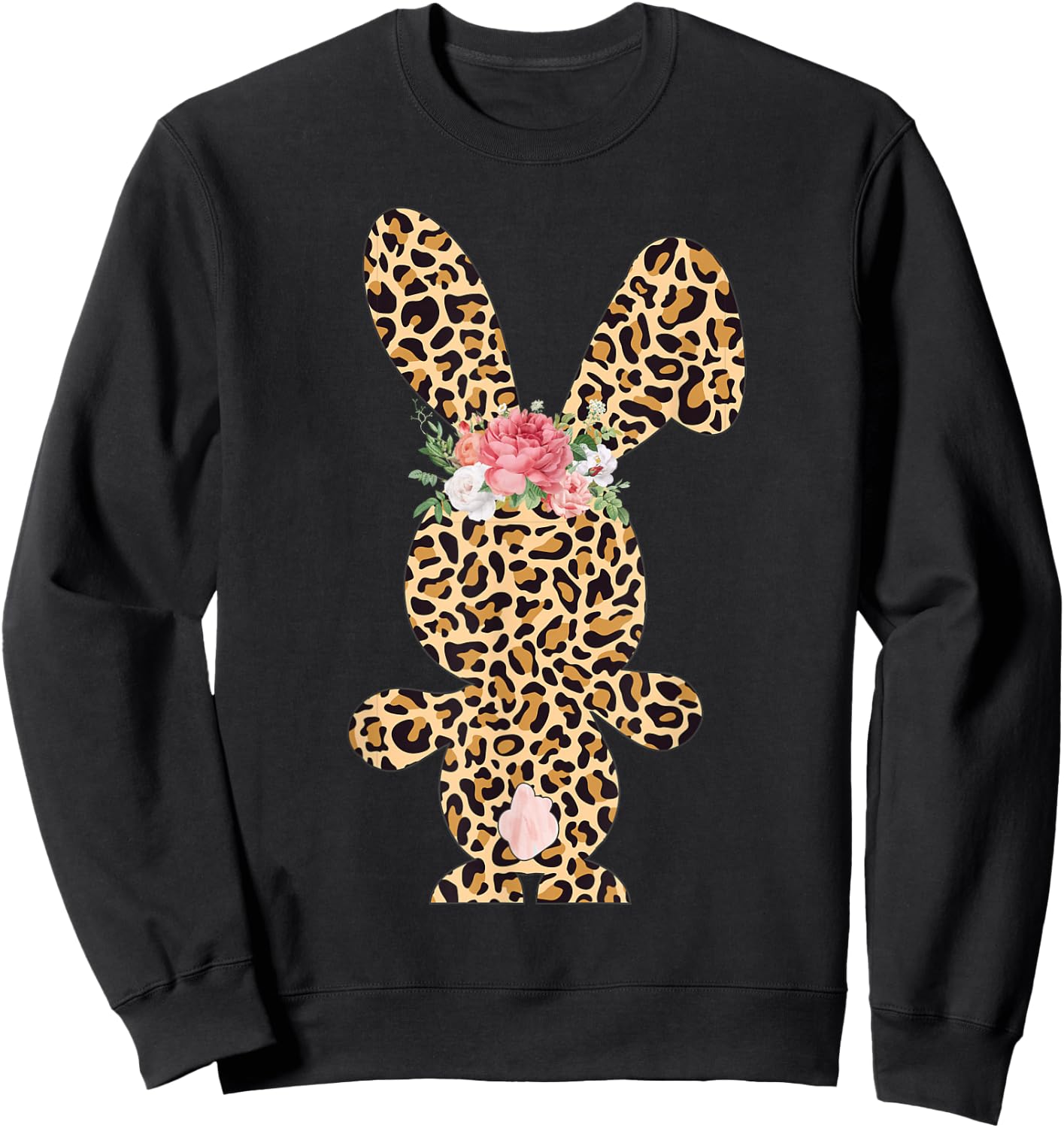 Leopard Print Bunny Flowers Girls Women Happy Easter Sweatshirt - Sweatshirt | Black