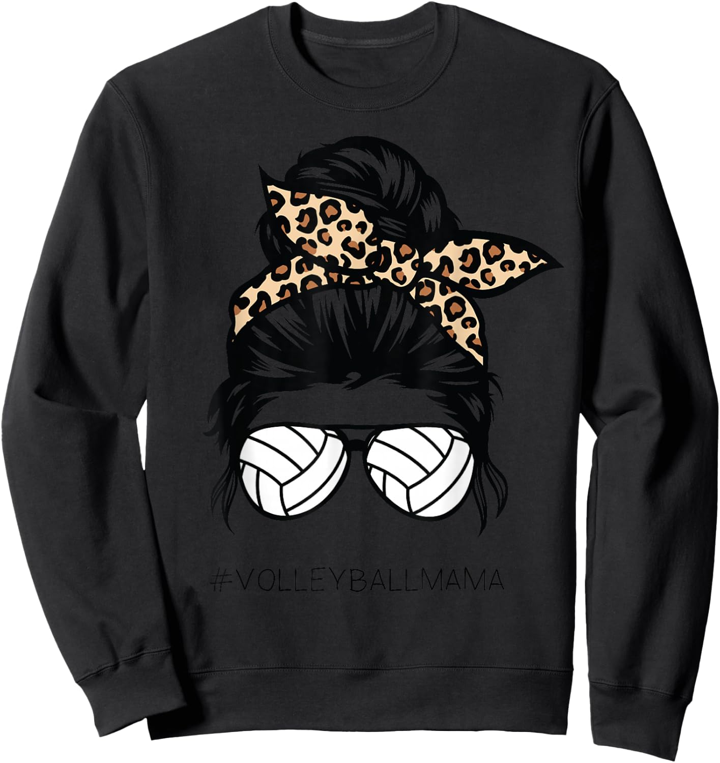Volleyball Mom Leopard Ball messy hair bun Mother's Day Sweatshirt - Sweatshirt | Black
