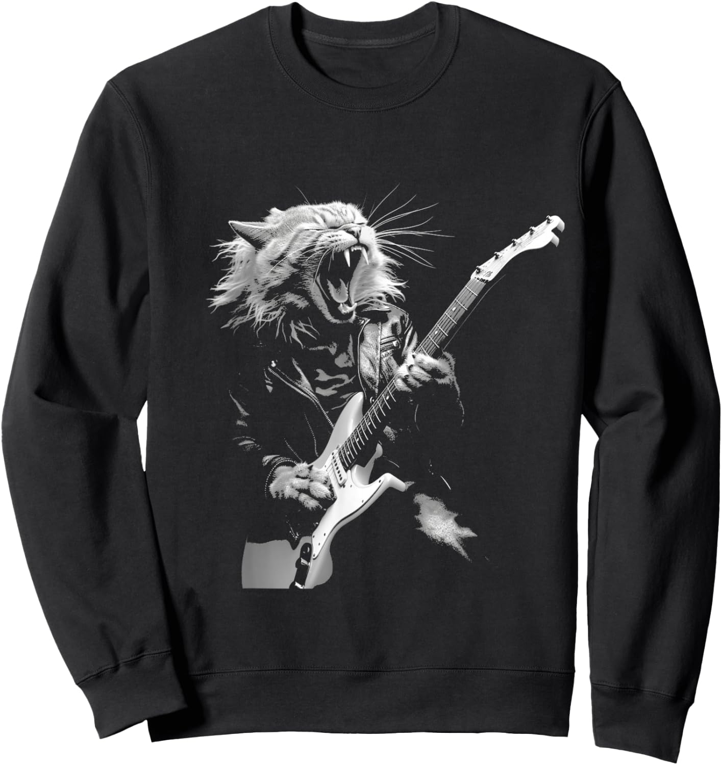Rock Cat Playing Guitar Funny Guitar Cat Design Sweatshirt - Sweatshirt | Black