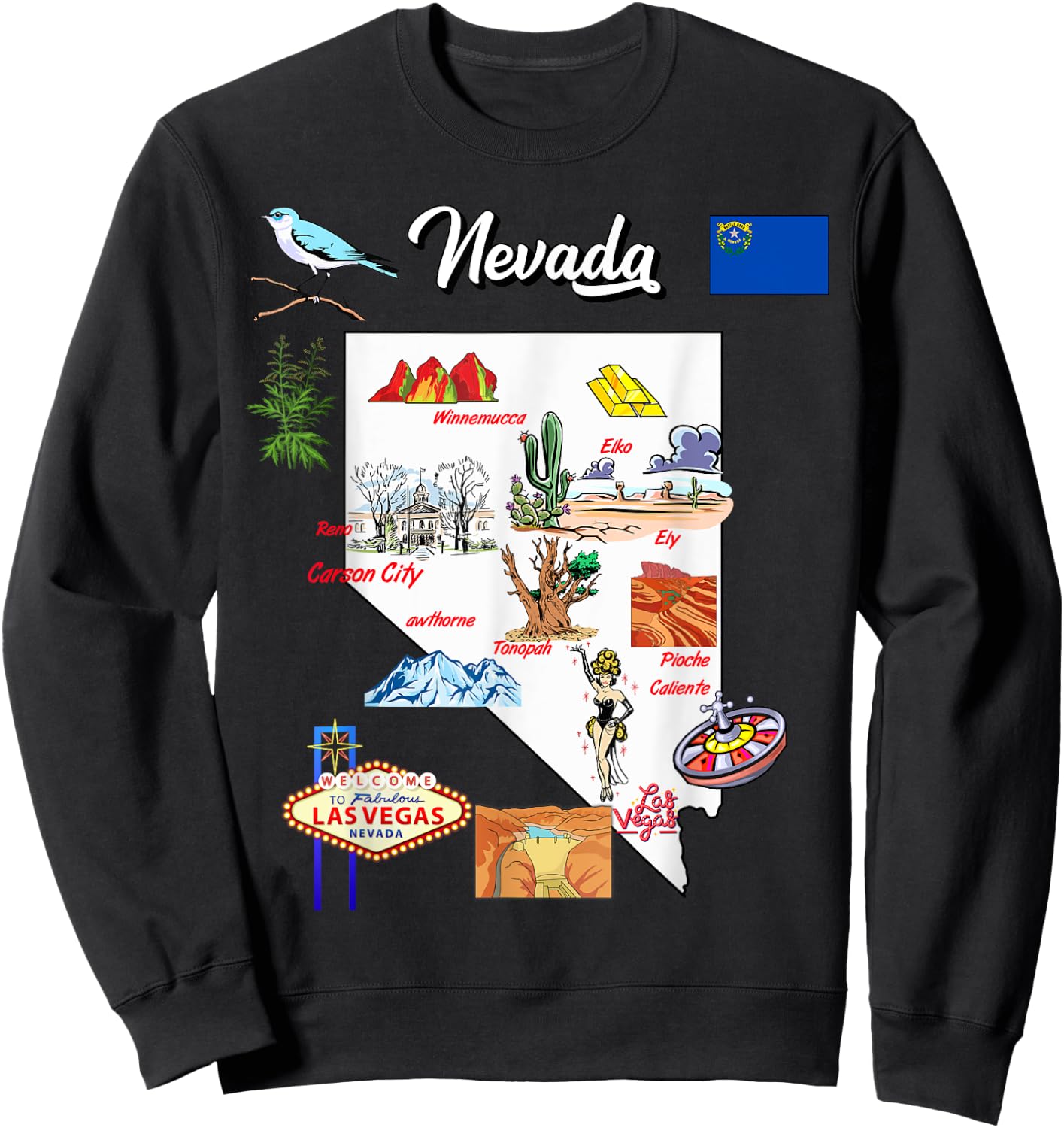 illustrated Map of Nevada in US with the Cities and symbols Sweatshirt - Sweatshirt | Black