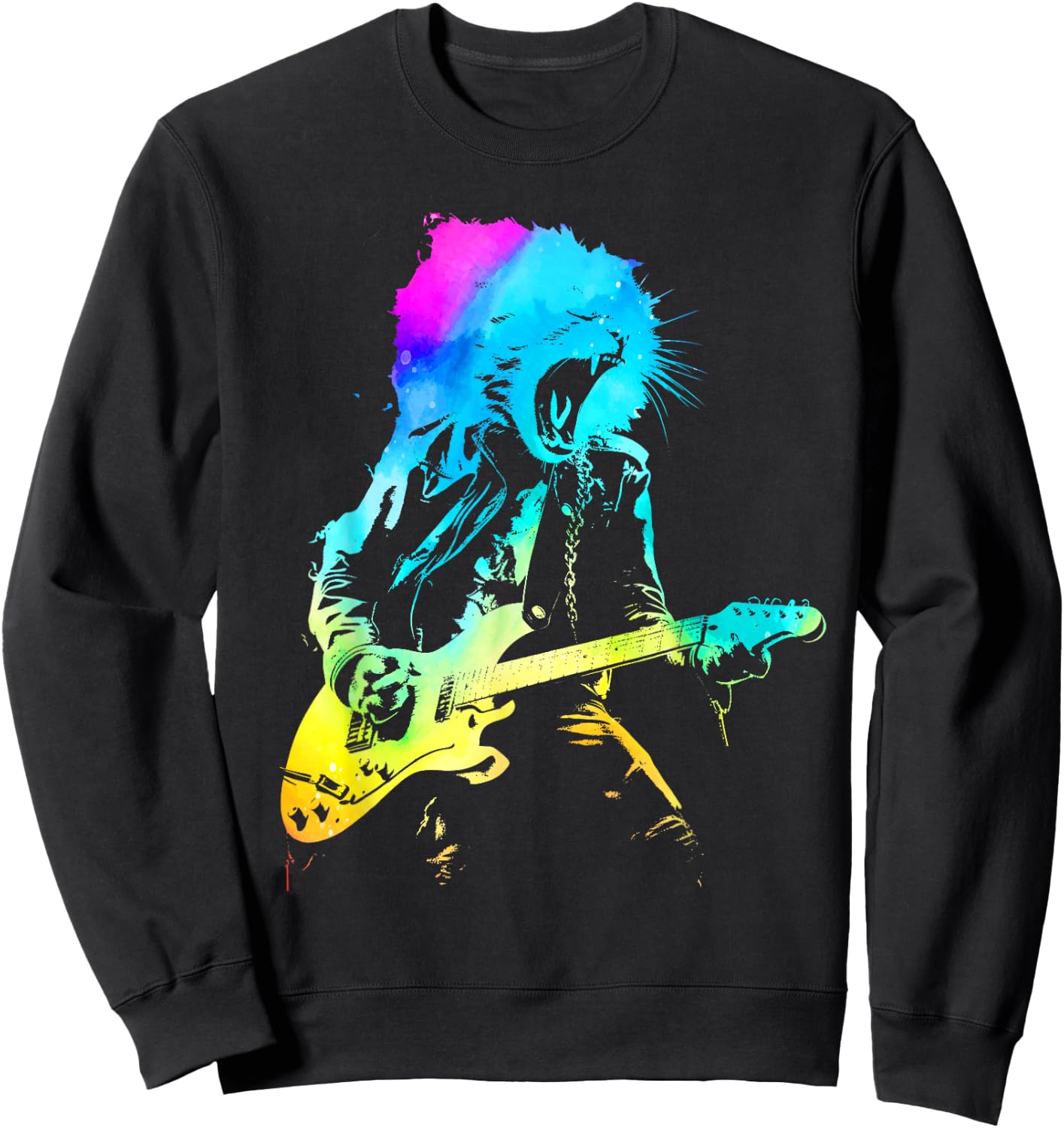 Colorful Rock Cat Playing Guitar Funny Guitar Cat Women Sweatshirt - Sweatshirt | Black