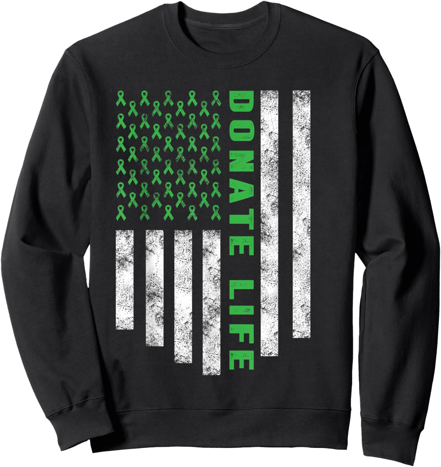Organ Transplant Awareness USA Flag Donate Life Green Ribbon Sweatshirt - Sweatshirt | Black