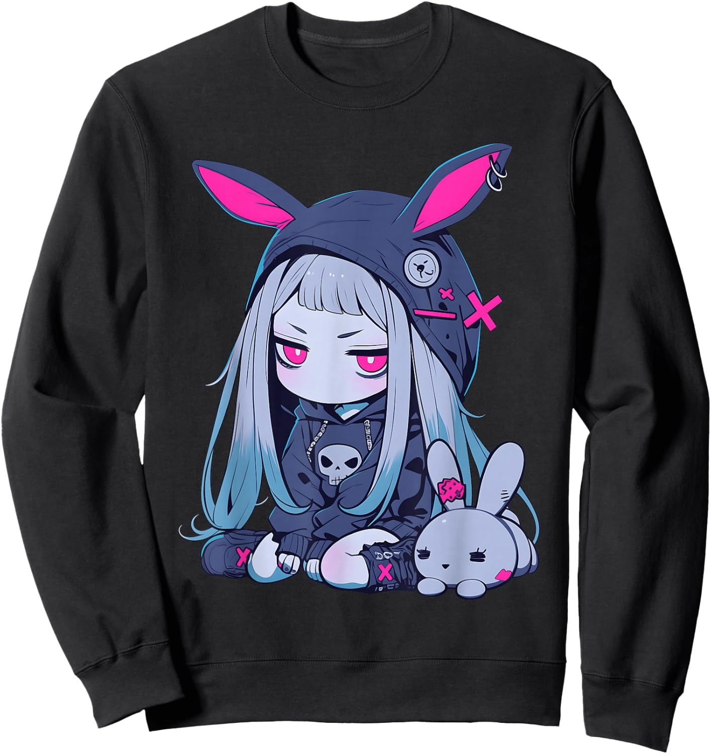 Cute E-Girl Anime Girl Goth Bunny Grunge Gothic Outfit Sweatshirt - Sweatshirt | Black
