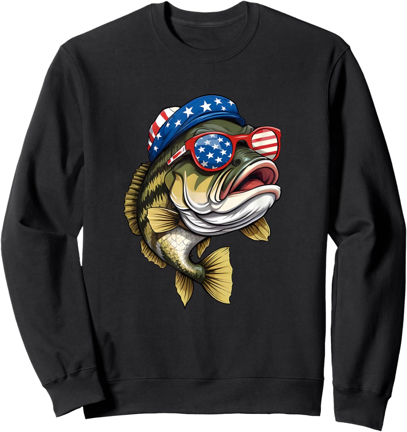 Bass Fish 4th Of July American US Flag Patriotic Fishing Sweatshirt - Sweatshirt | Black
