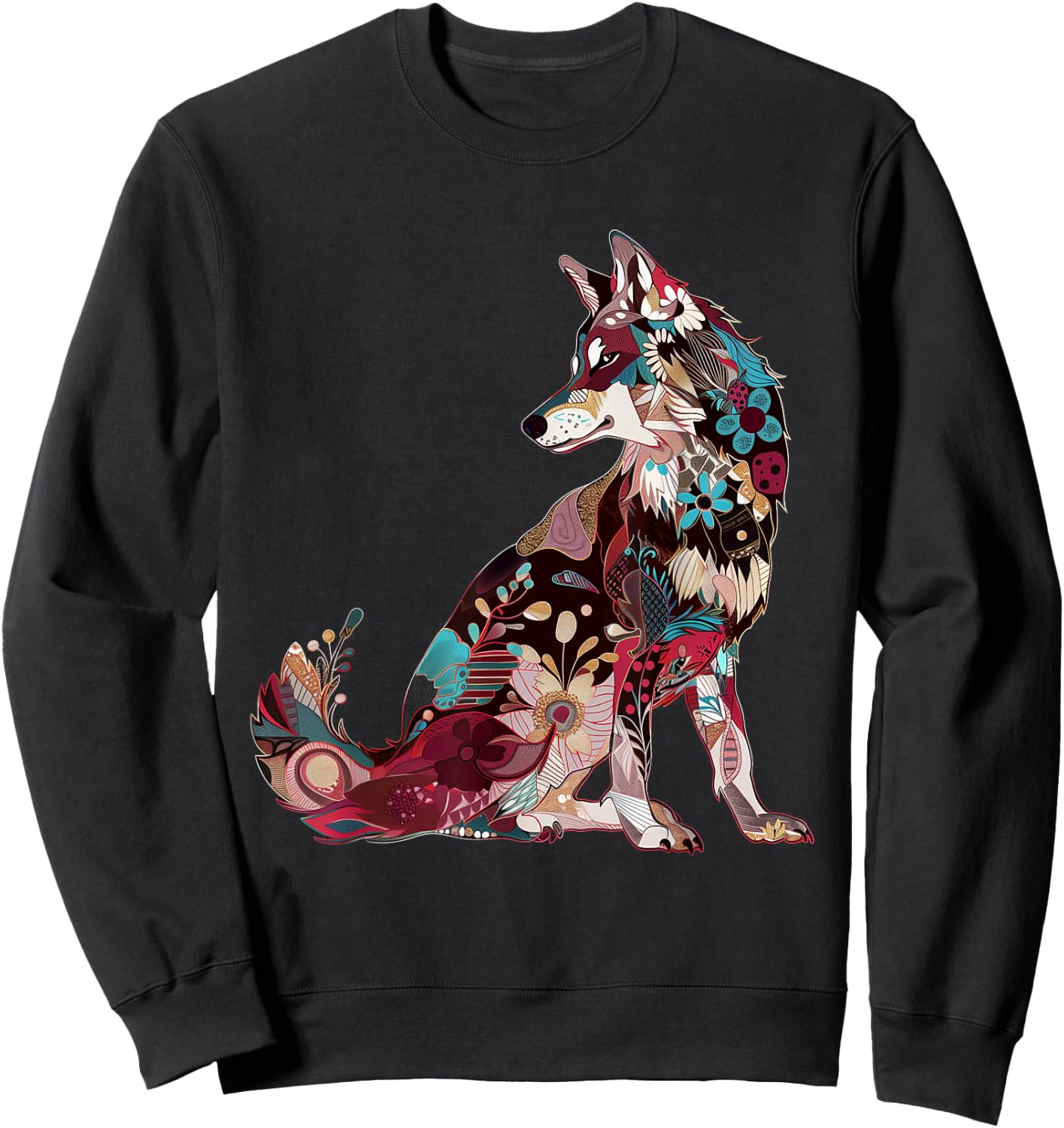 Wolf Vintage Flowers Floral Wolf Lover Sweatshirt - Sweatshirt | Black