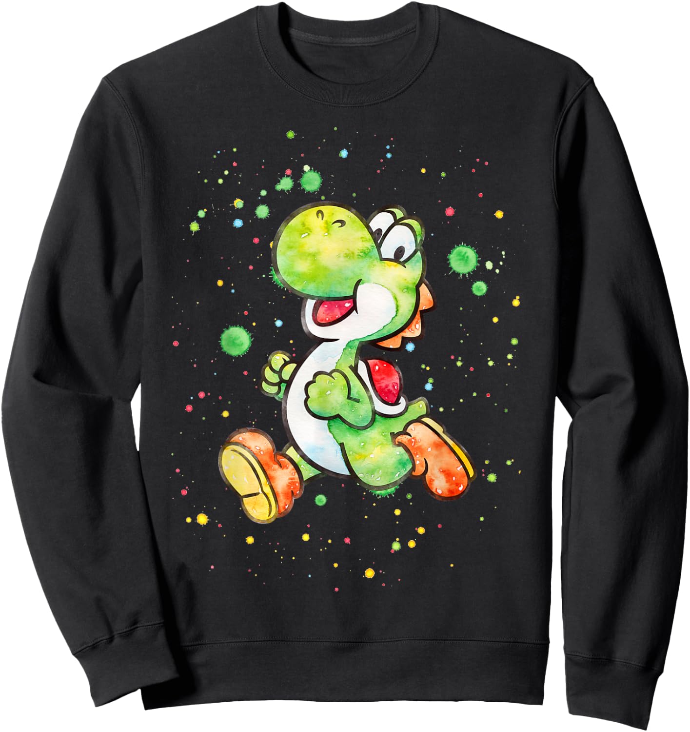 Super Mario Yoshi Watercolor Splatter Portrait Sweatshirt - Sweatshirt | Black