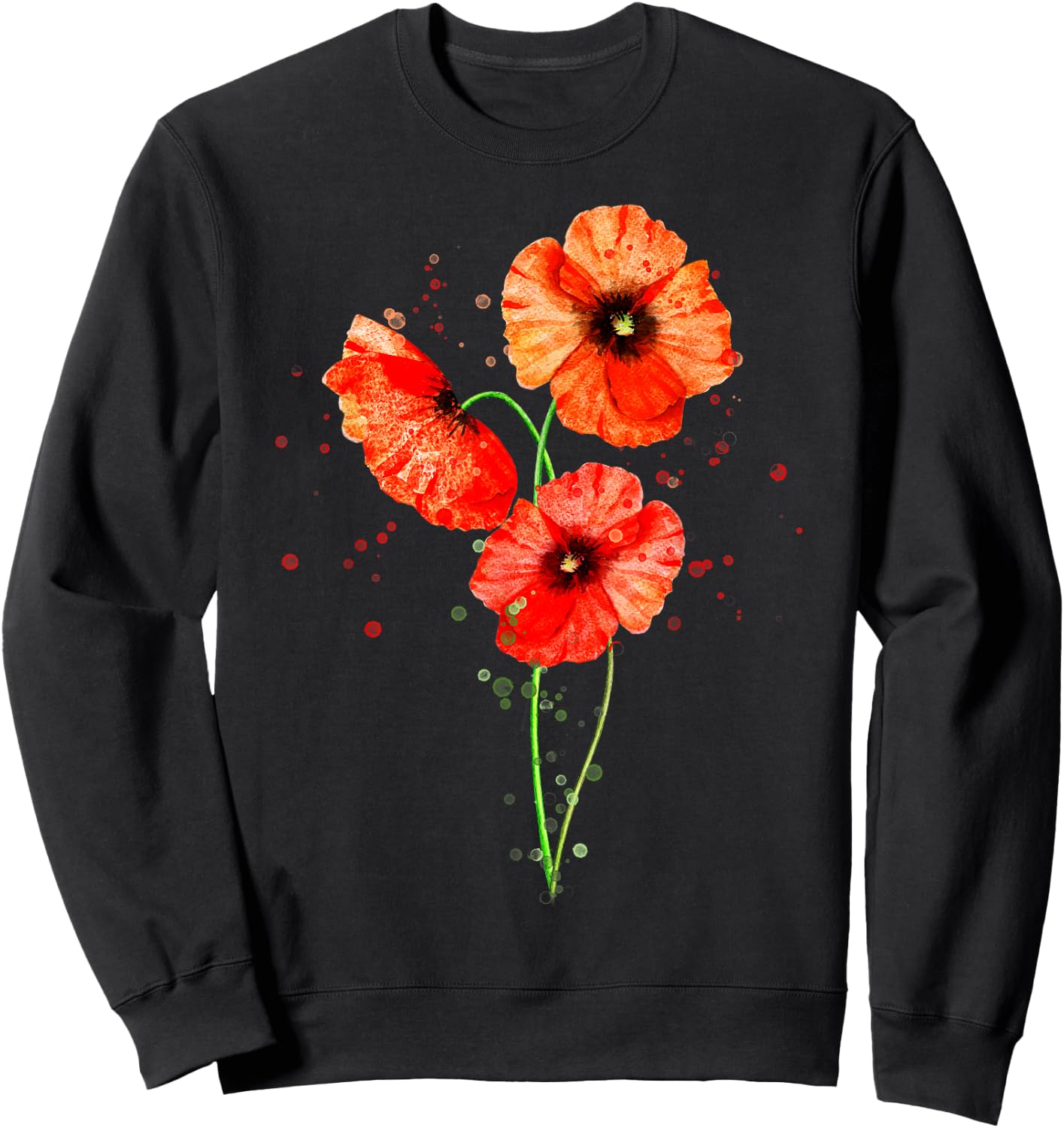 Red Poppies Watercolor Painting Botanical Flower Art Sweatshirt - Sweatshirt | Black