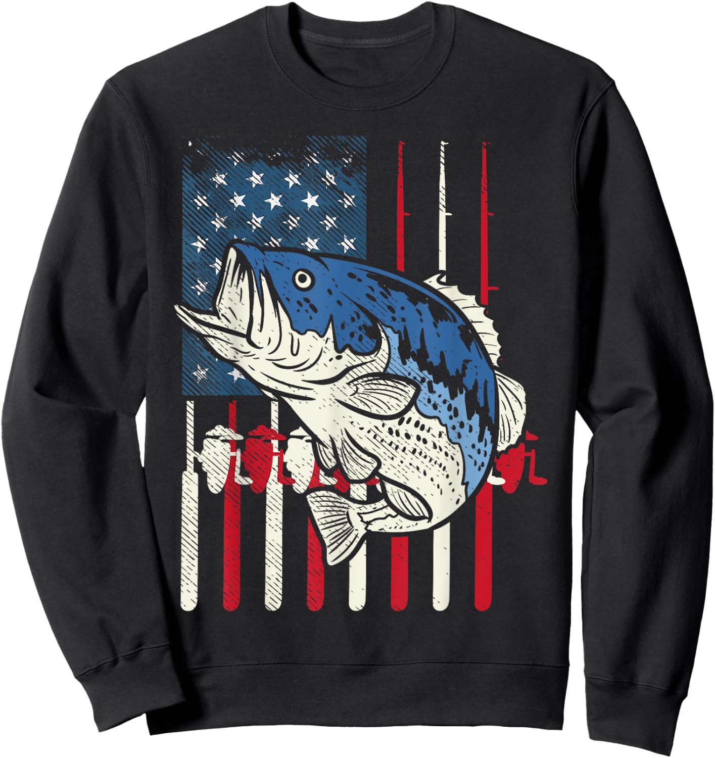 Bass Fish US American Flag Patriotic Fishing Fisherman Gift Sweatshirt - Sweatshirt | Black