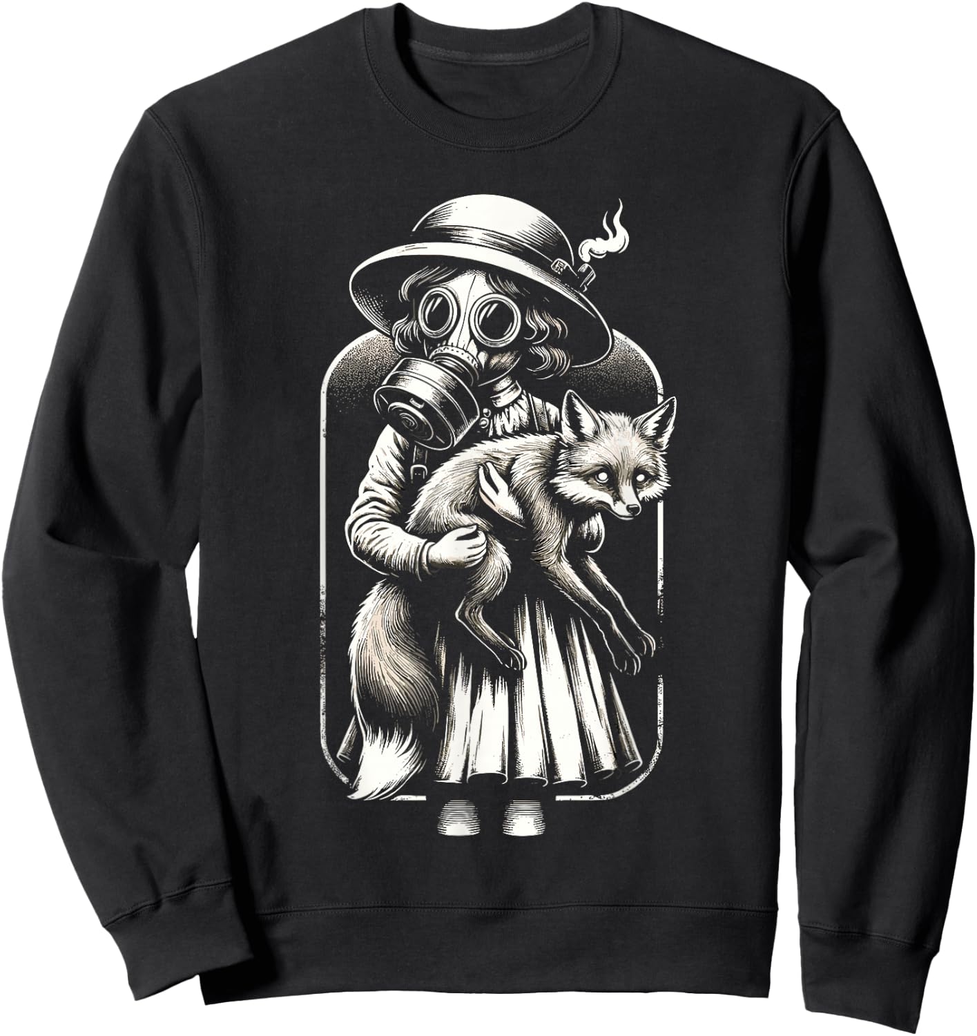 Creepy vintage girl wearing a gas mask and holding a fox Sweatshirt - Sweatshirt | Black