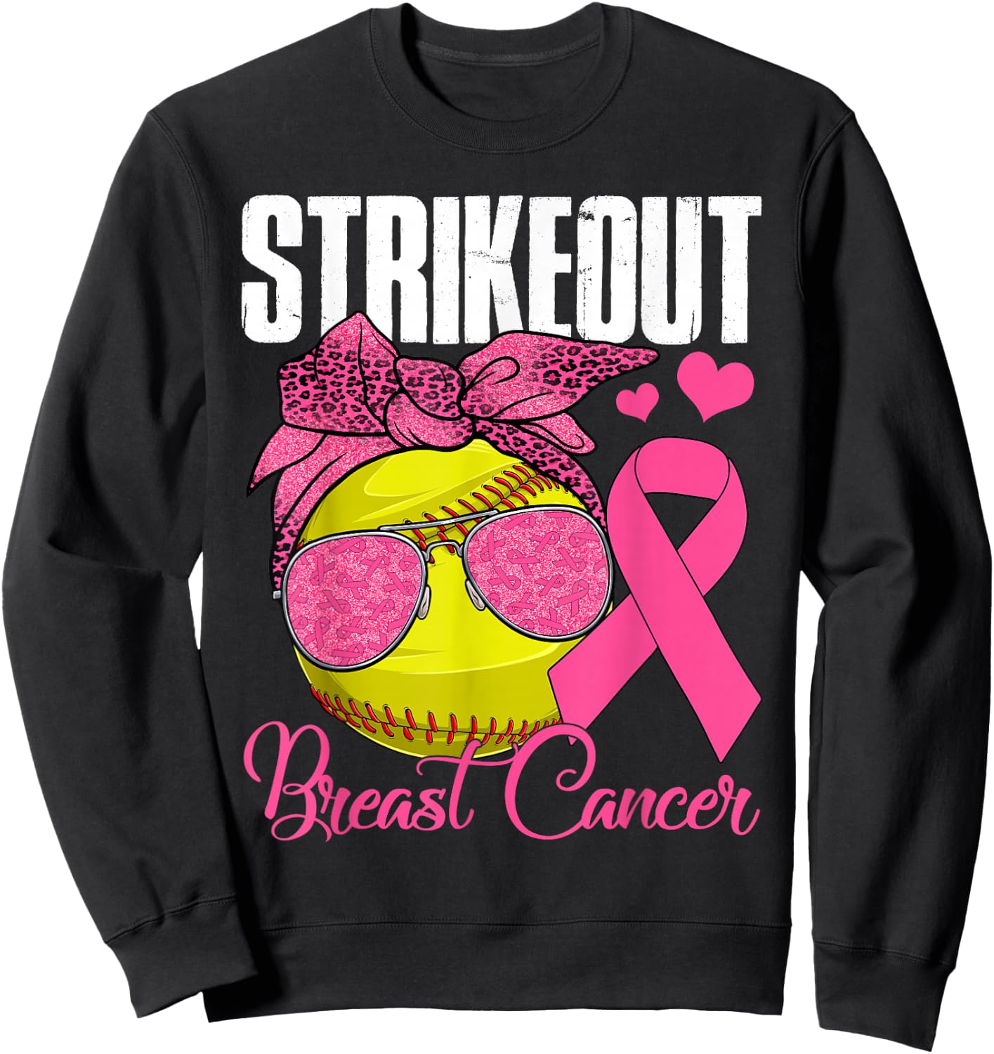 Strike Out Breast Cancer Softball Ball & Pink Ribbon Women Sweatshirt - Sweatshirt | Black