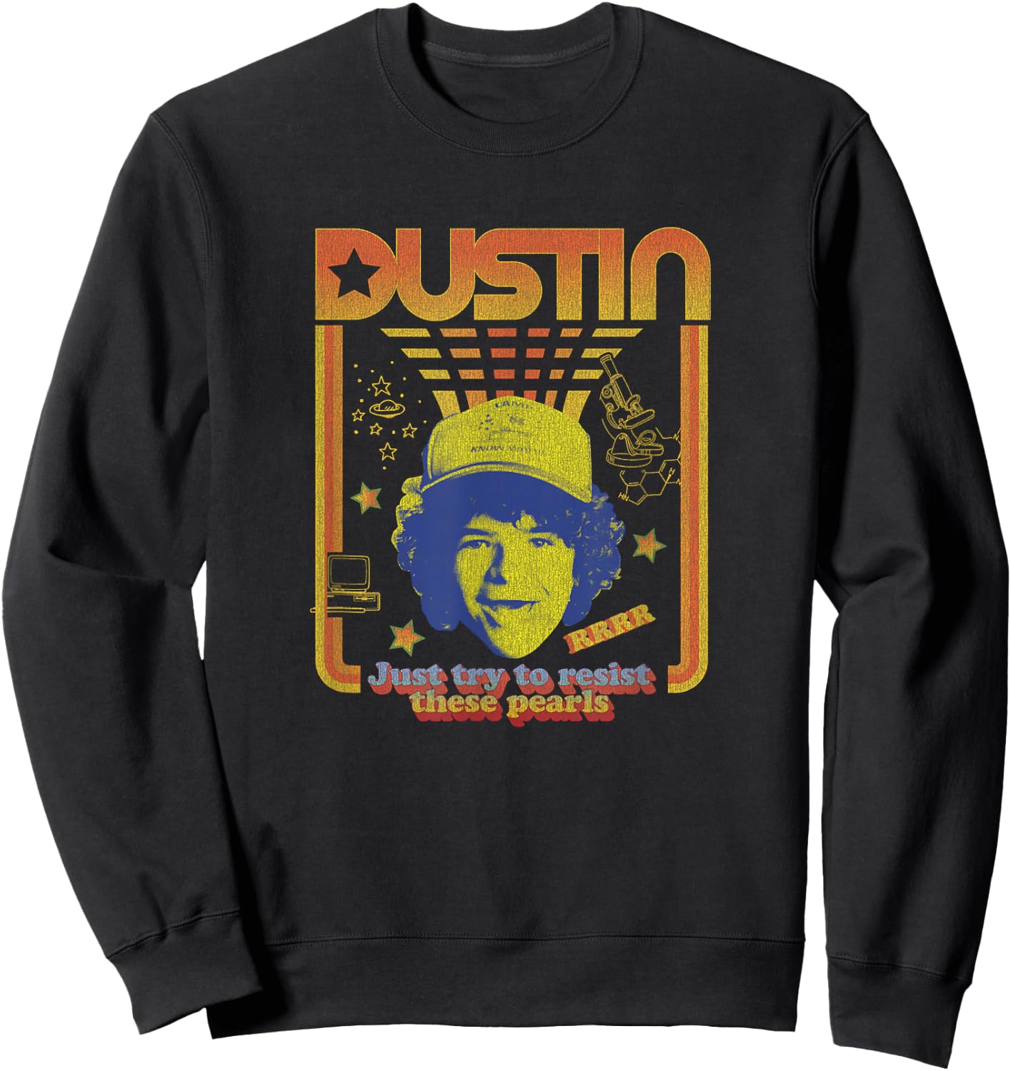 Stranger Things Dustin Floating Head Resist The Pearls Star Sweatshirt - Sweatshirt | Black