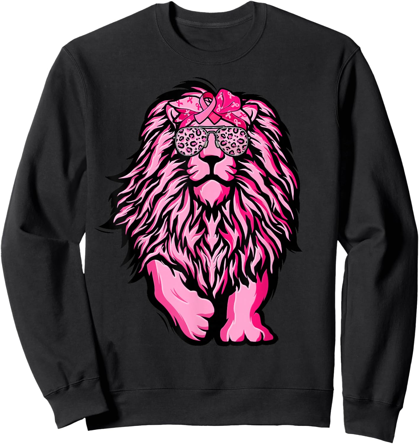 Lion Pink Bandana Ribbon Breast Cancer Awareness Warrior Sweatshirt - Sweatshirt | Black