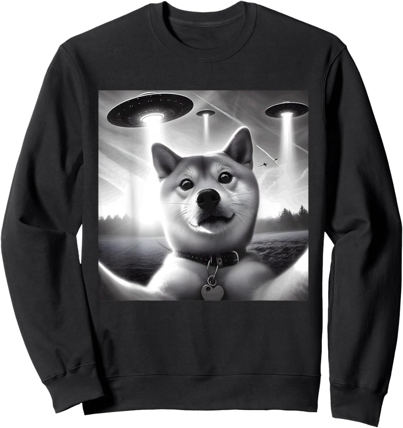 Shiba Inu Dog Dad Mom Funny Graphic Selfie UFOs Weird Aliens Sweatshirt - Sweatshirt | Black