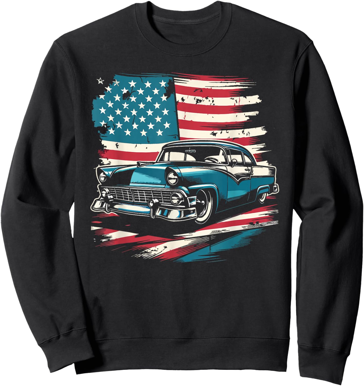 Vintage Classic Car American Flag 4th of July Patriotic Sweatshirt - Sweatshirt | Black