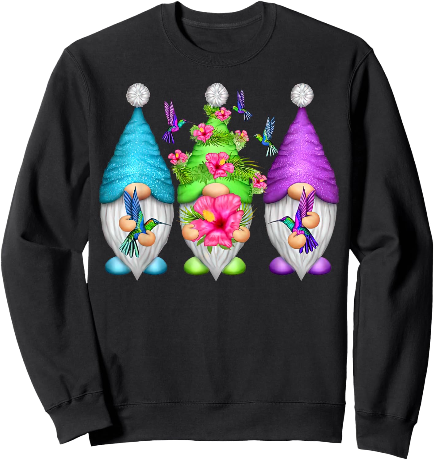 Cute Gnomes Hummingbirds Hibiscus Flower Bird Nature Lover Sweatshirt - Sweatshirt | Black