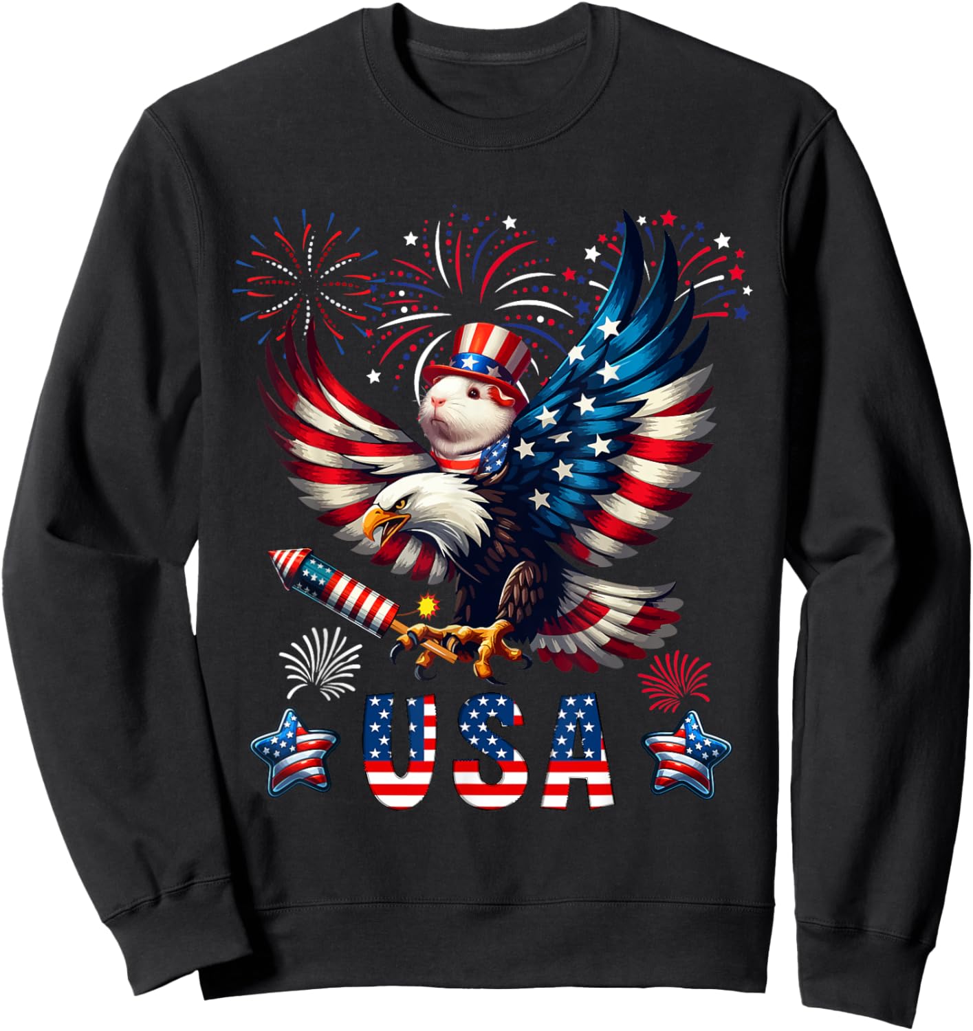 USA 4th Of July Guinea Pig Riding Eagle Fireworks Patriotic Kids Men Sweatshirt - Sweatshirt | Black