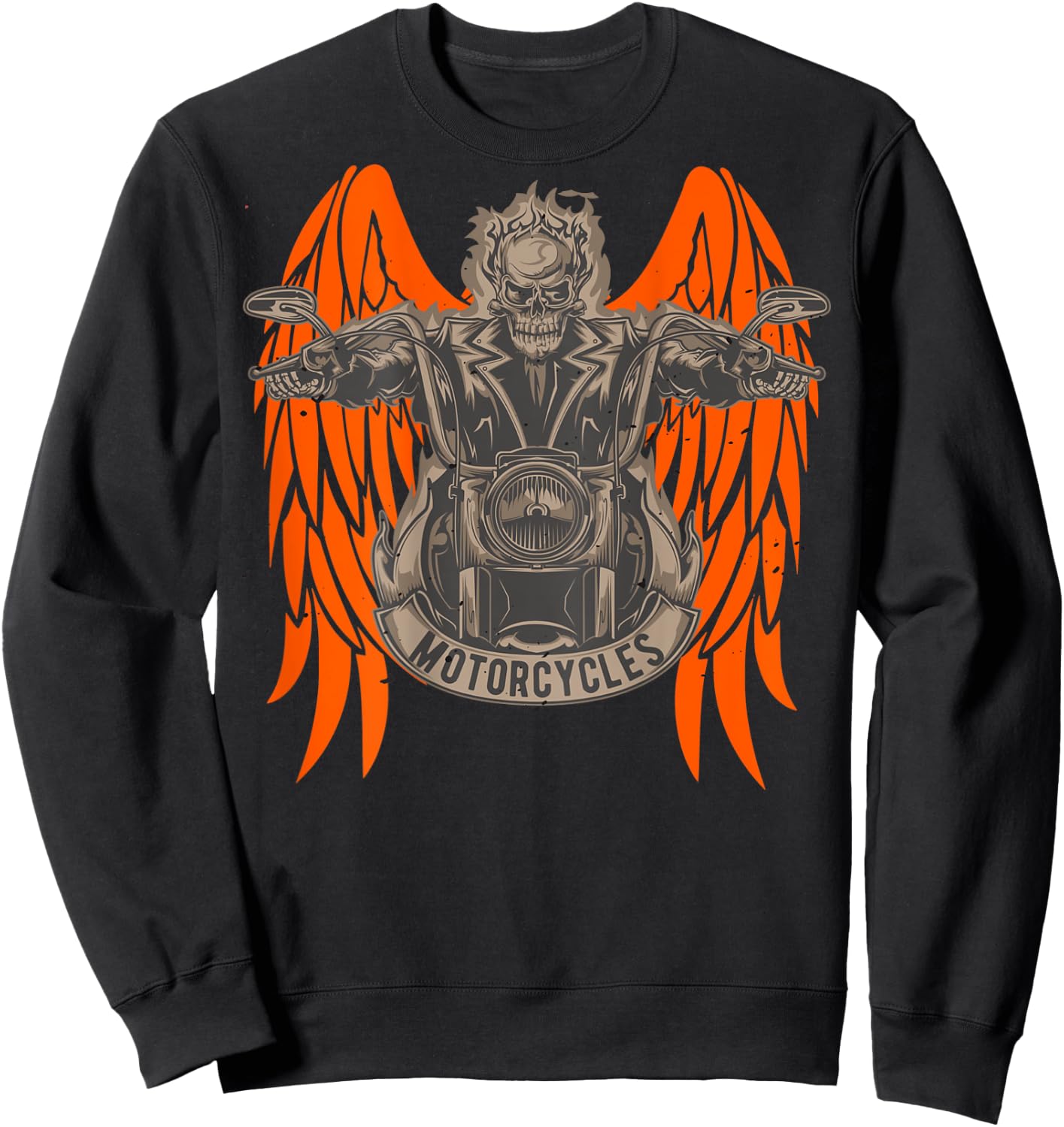 Motorcycle Rider Skeleton Angel Wings Distressed - on back Sweatshirt - Sweatshirt | Black