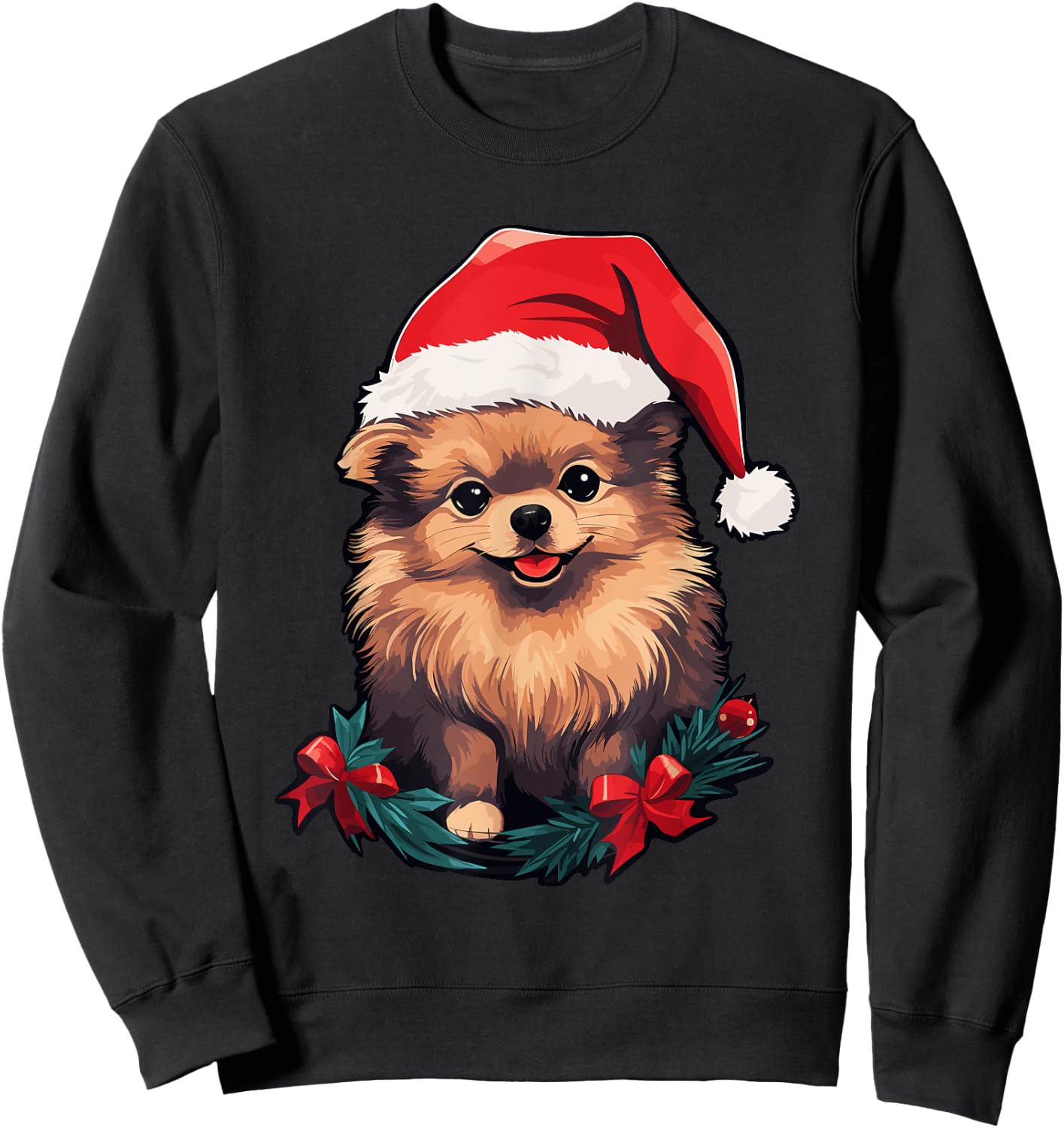 Cute Pomeranian Dog Christmas Santa Hat Xmas Pajama Women Kids Sweatshirt - Sweatshirt | Black