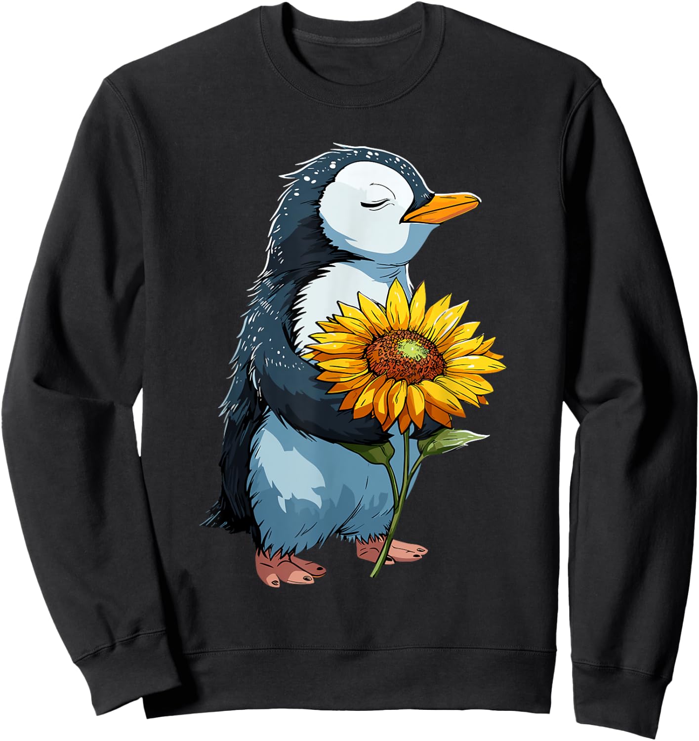 Penguin Holding Sunflower Cute Penguin Lover Sweatshirt - Sweatshirt | Black