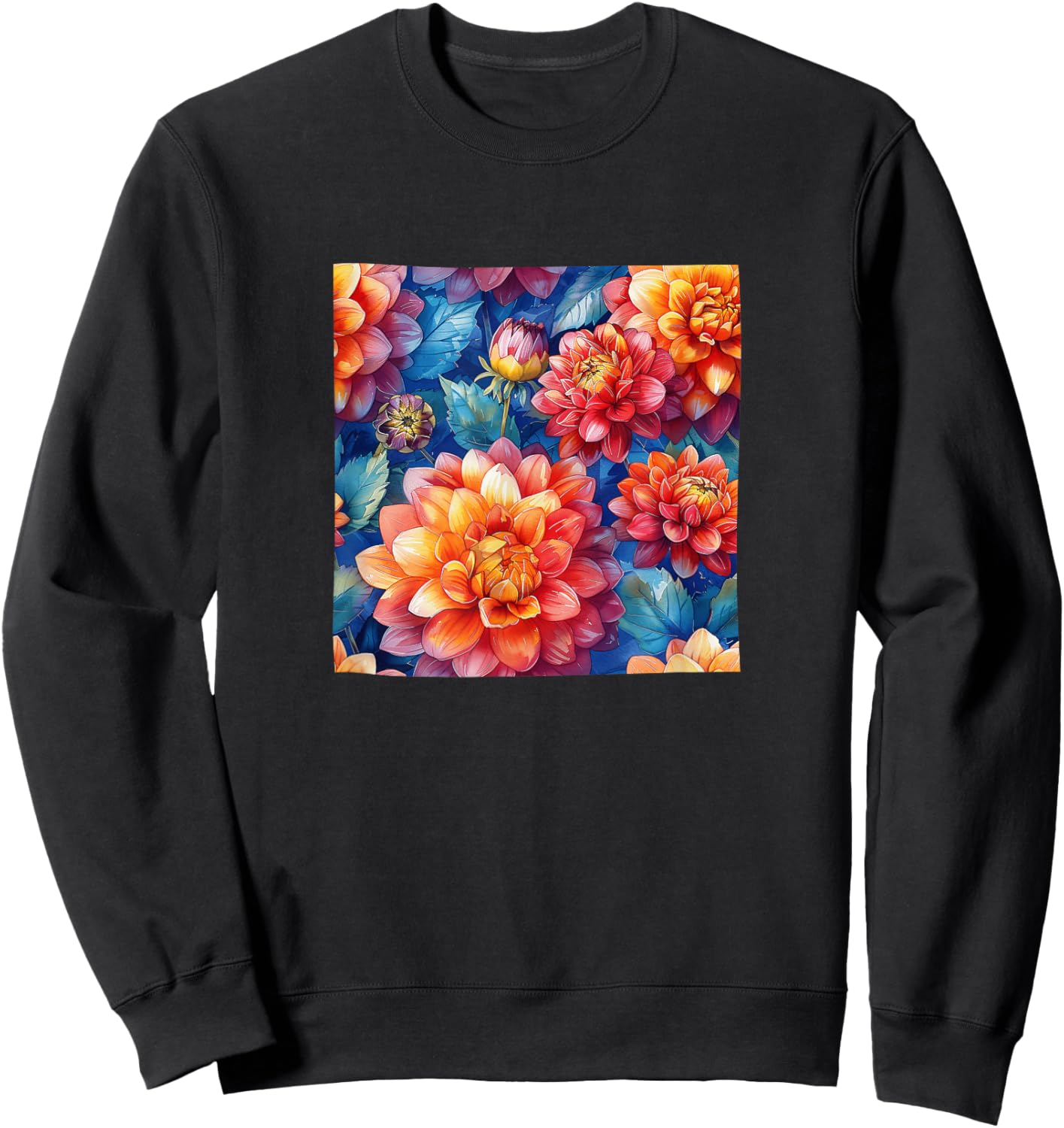 Dahlia Flower Watercolor Pattern Graphic Sweatshirt - Sweatshirt | Black
